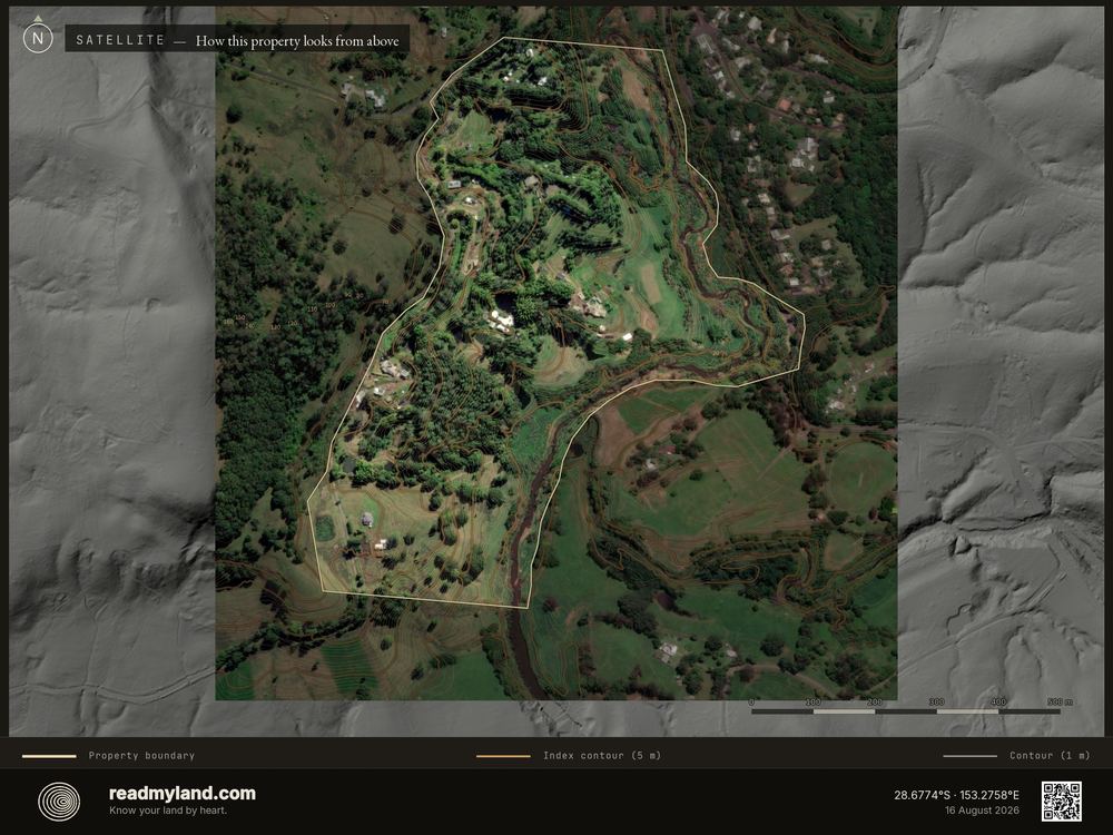 Satellite view with boundary and contours, from 1m elevation data