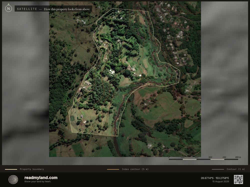 Satellite view with boundary and contours, from 30m elevation data