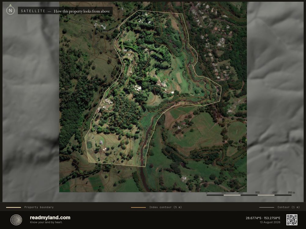 Satellite view with boundary and contours, from 5m elevation data