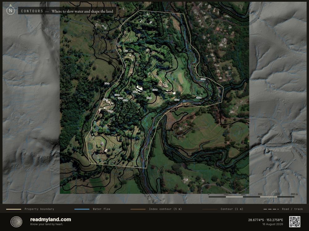 Contours with water traces, from 1m elevation data