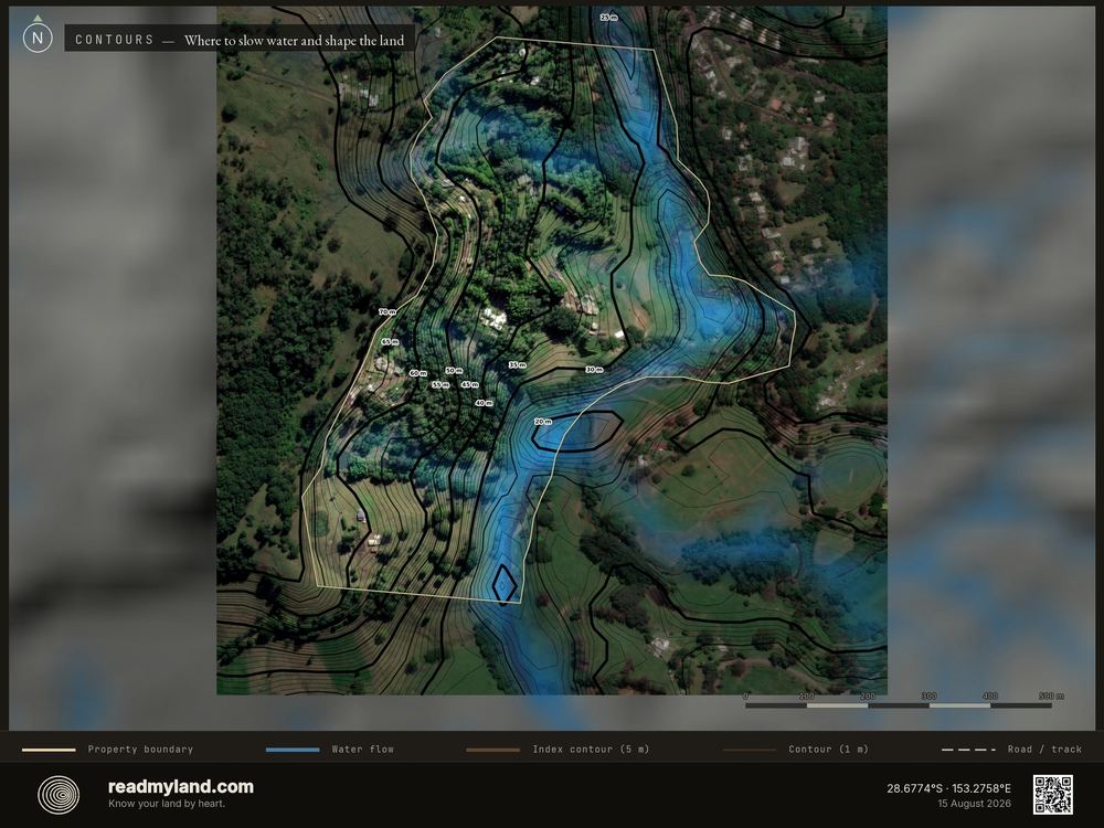 Contours with water traces, from 30m elevation data