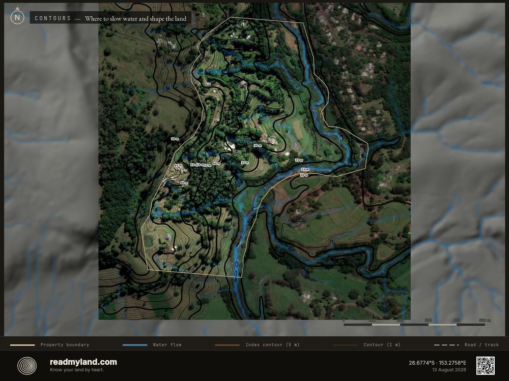 Contours with water traces, from 5m elevation data