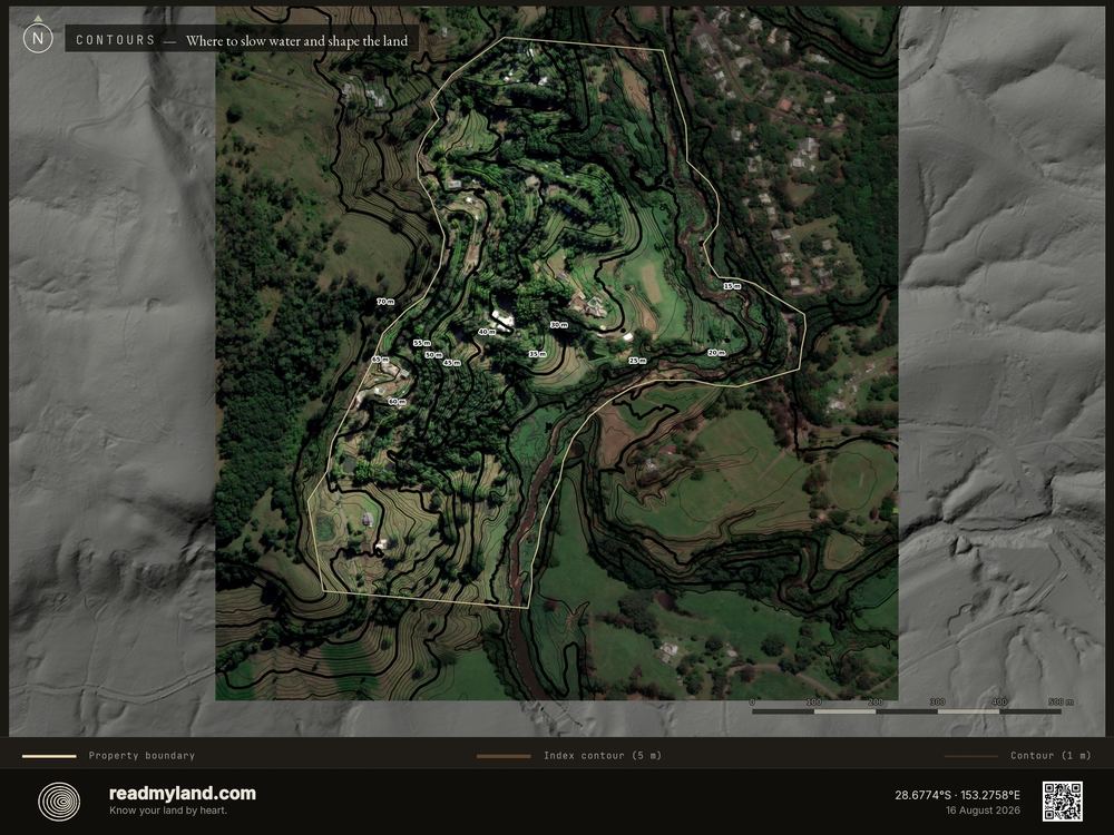 Contours over satellite imagery, from 1m elevation data