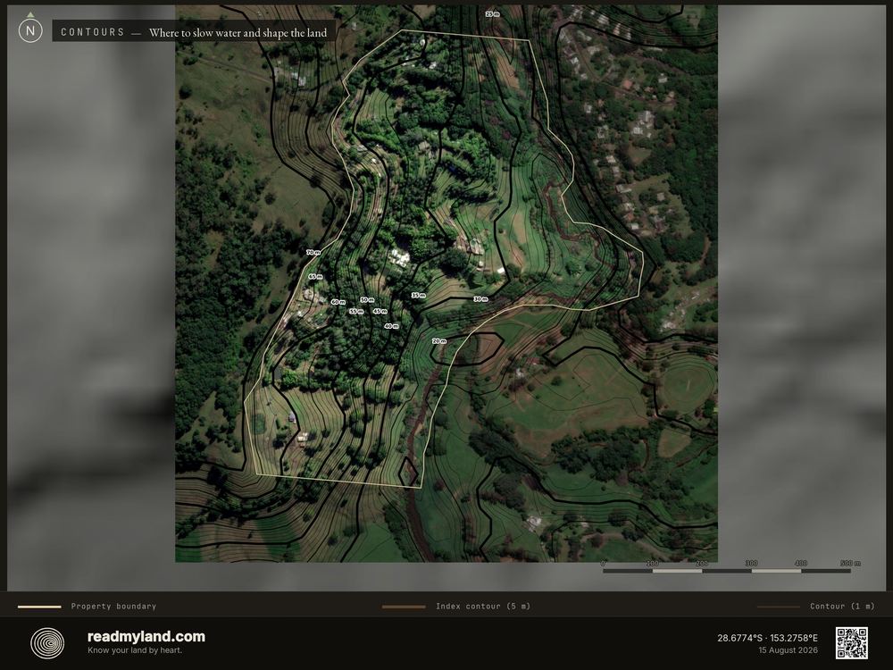 Contours over satellite imagery, from 30m elevation data