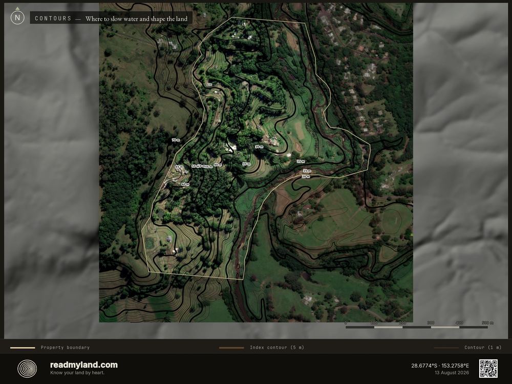 Contours over satellite imagery, from 5m elevation data