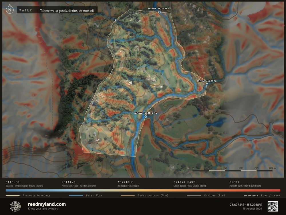 Wetness map of the parcel, from 5m elevation data