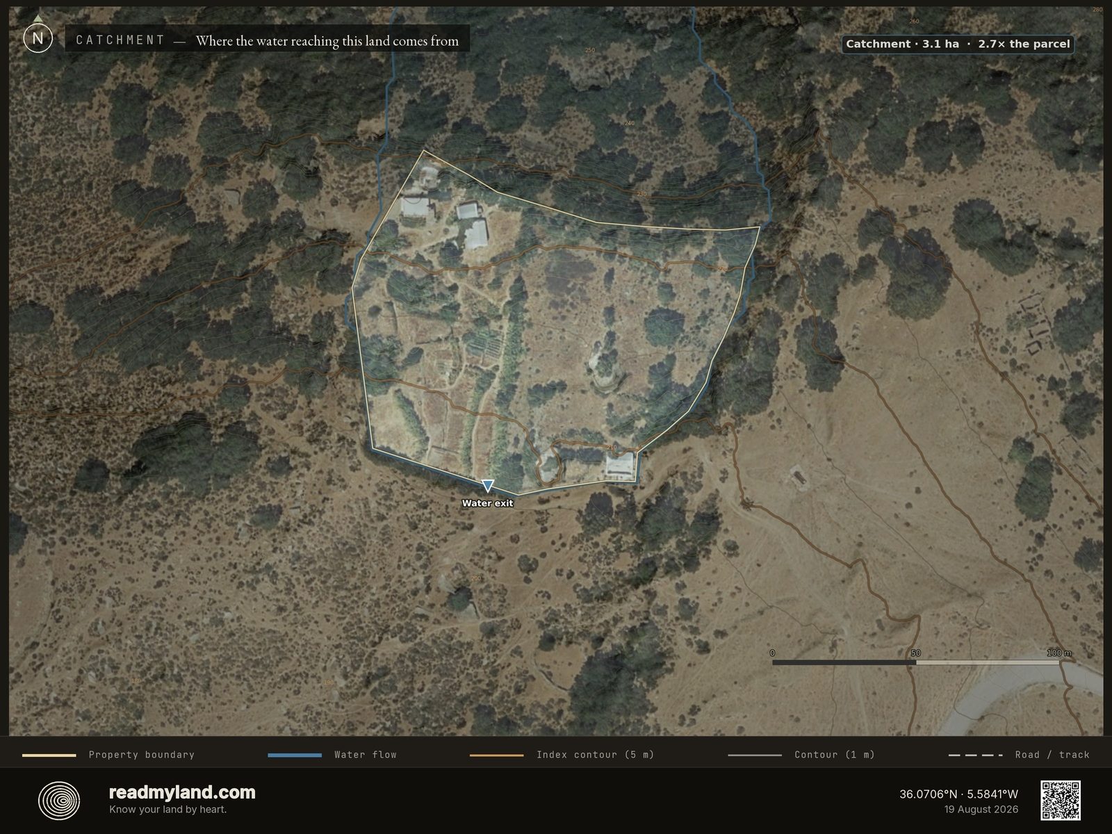 Catchment inset showing stream paths entering the Cádiz homestead