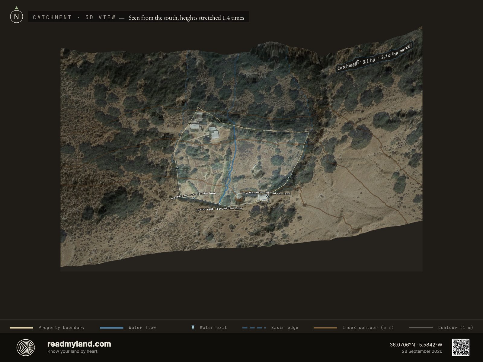 Catchment inset showing stream paths across the Cádiz homestead and the pale triangles where its water leaves in 3D
