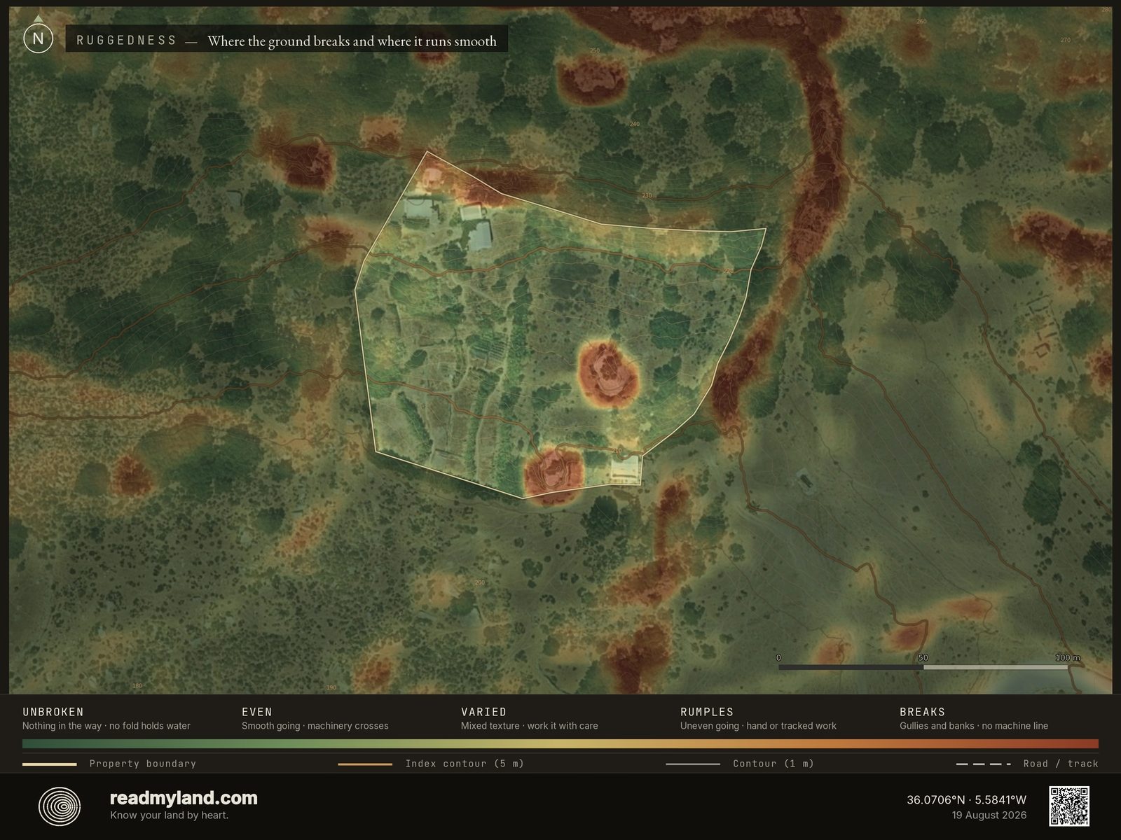 Ruggedness plate: where the ground surface breaks on this parcel