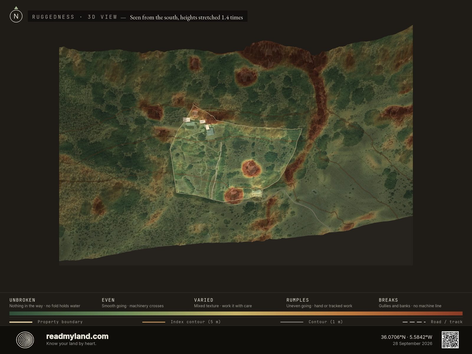 Ruggedness plate: where the ground surface breaks on this parcel in 3D