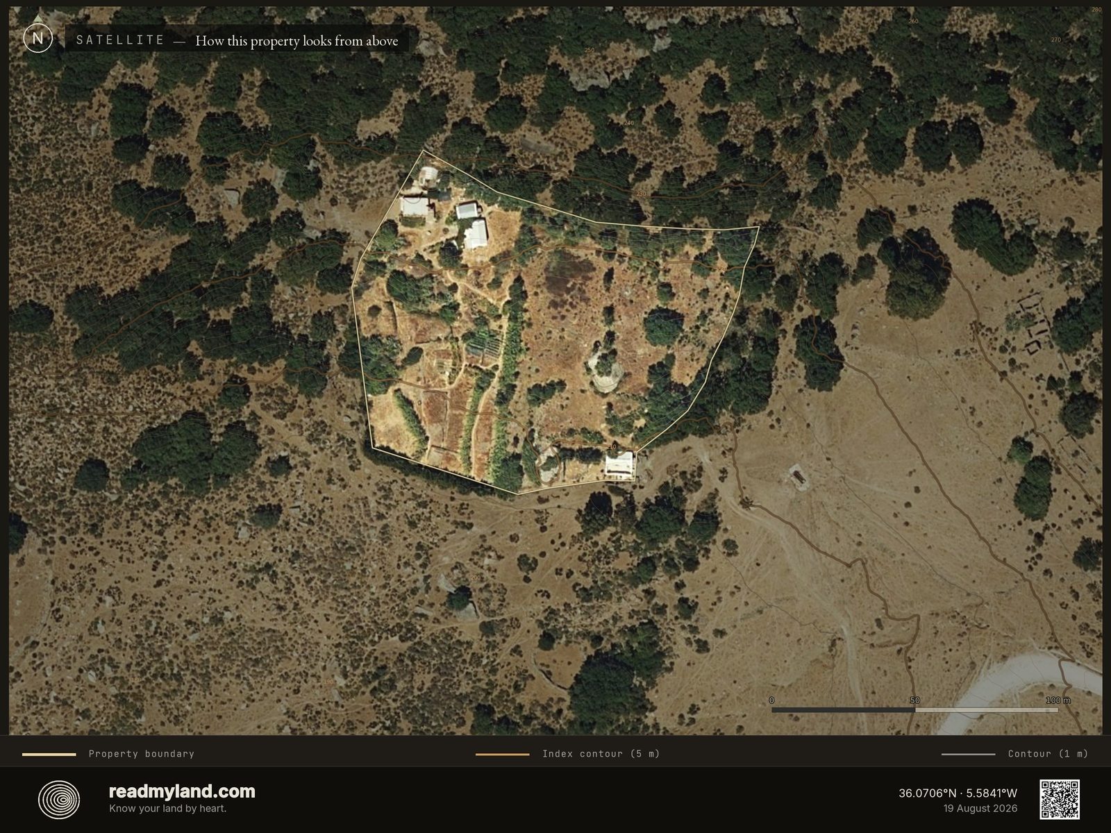 Satellite view of a 1.2 ha Mediterranean homestead near the Strait of Gibraltar, Cádiz