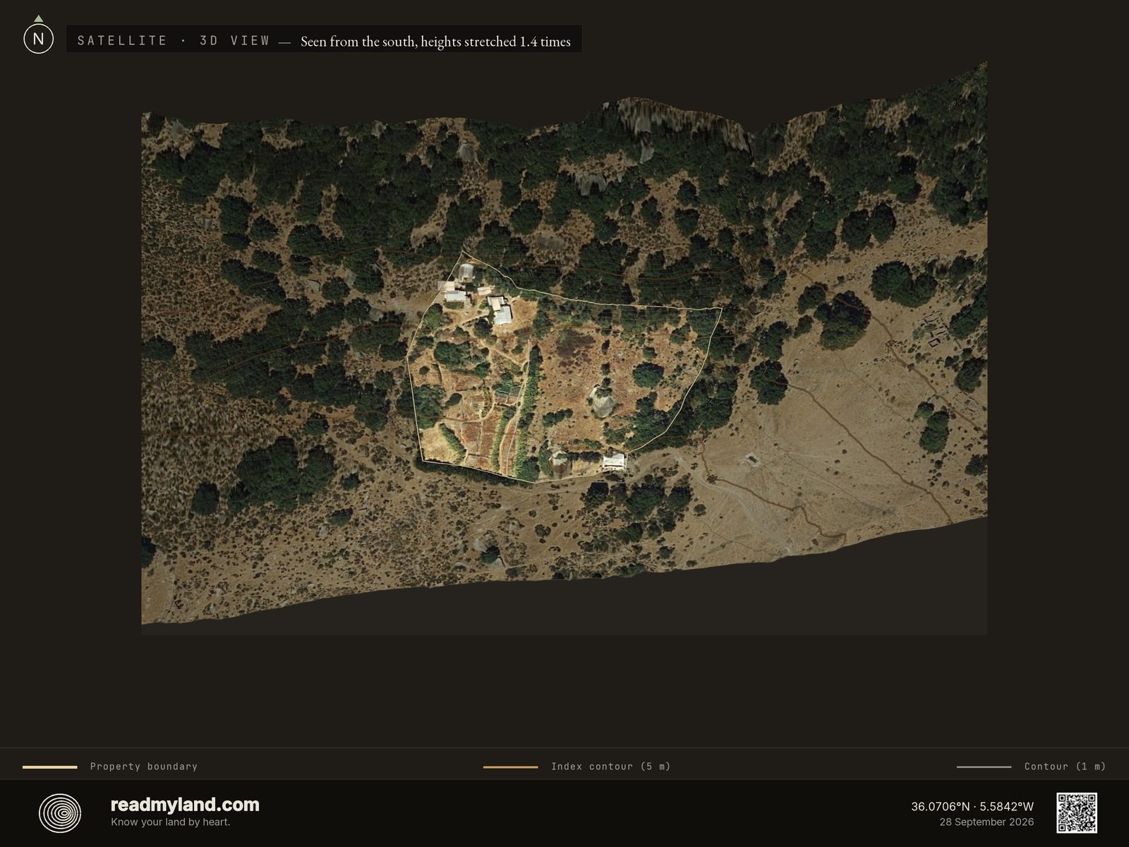 Satellite view of a 1.2 ha Mediterranean homestead near the Strait of Gibraltar, Cádiz in 3D
