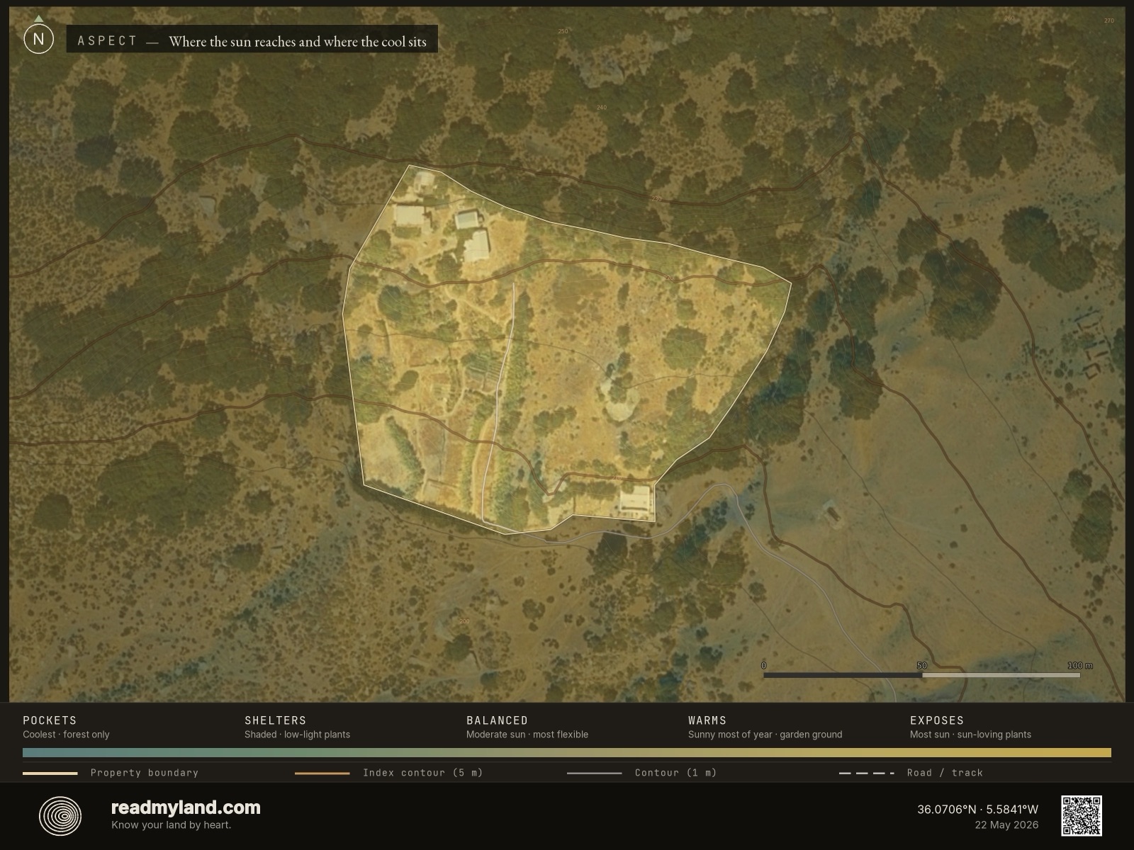 Aspect map showing slope orientation and sun exposure on the Cádiz homestead