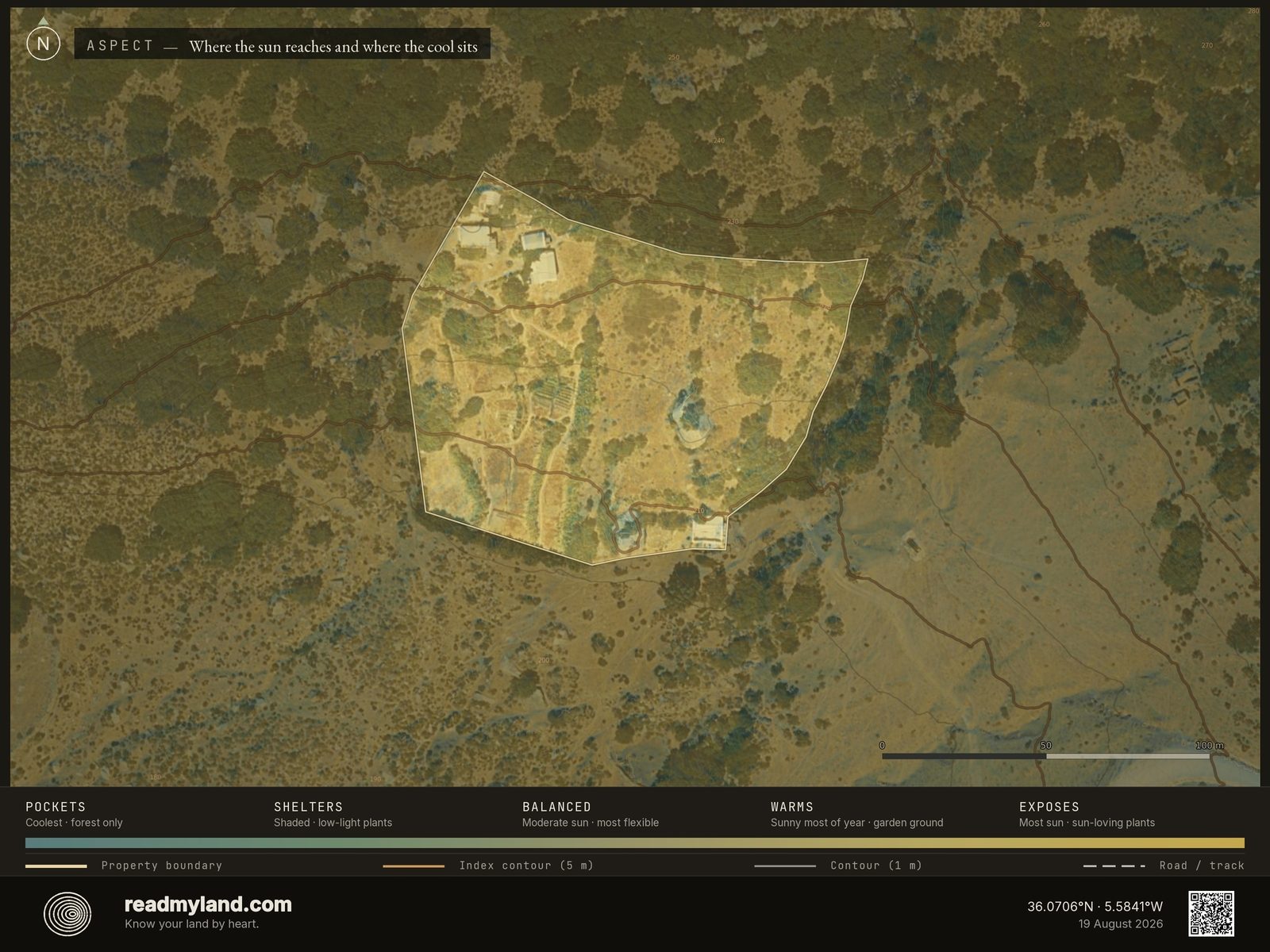 Aspect map showing slope orientation and sun exposure on the Cádiz homestead