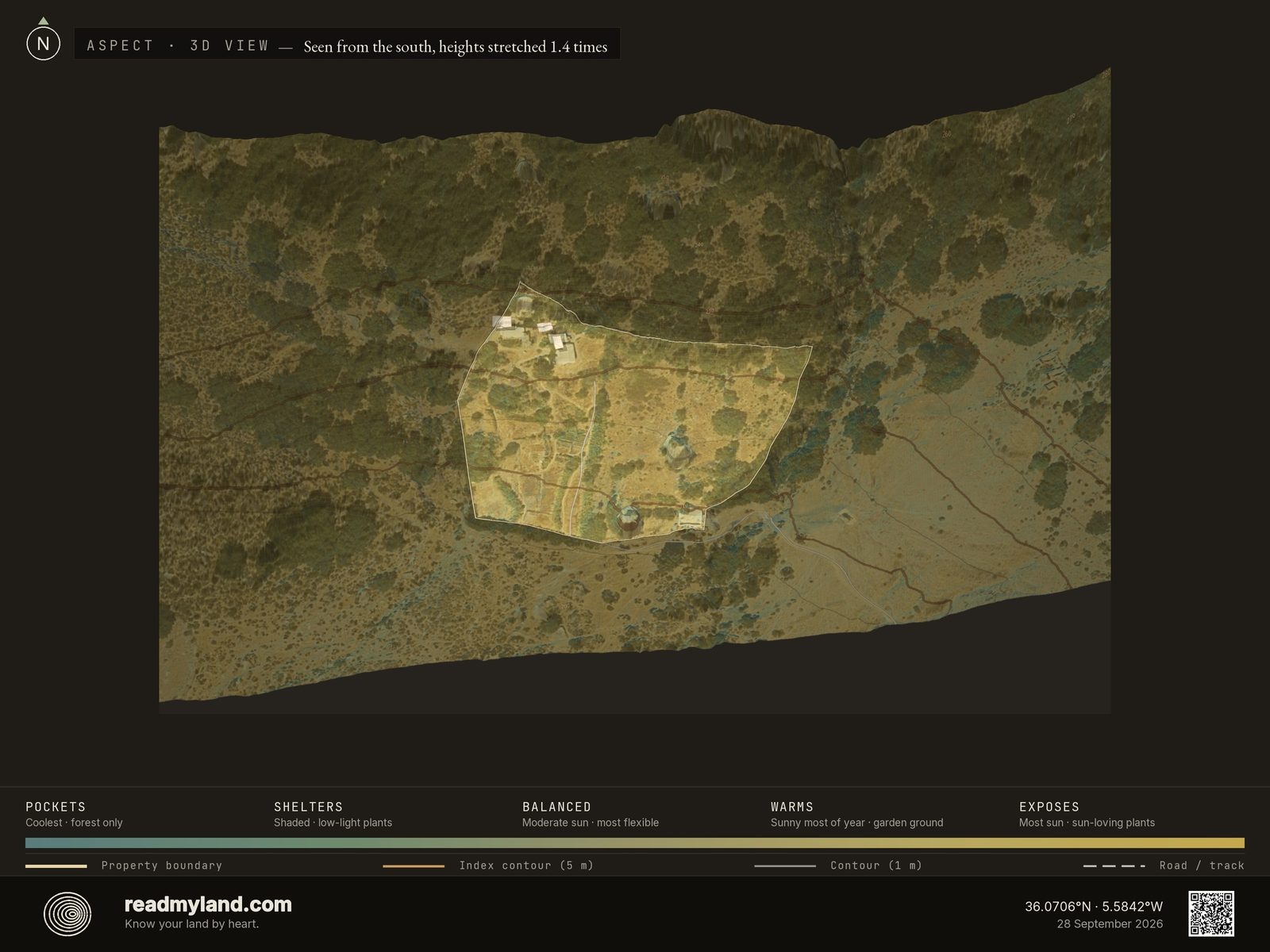 Aspect map showing slope orientation and sun exposure on the Cádiz homestead in 3D
