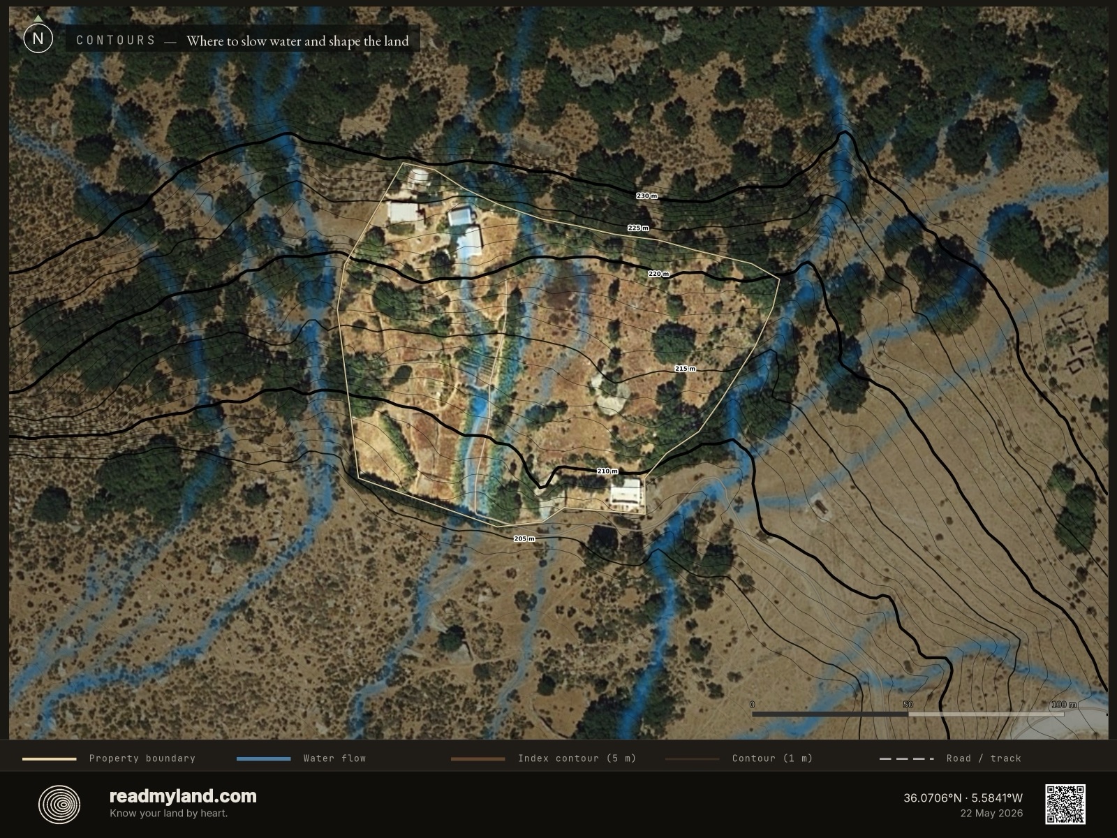 Topographic contours and water-flow streams over the Cádiz homestead