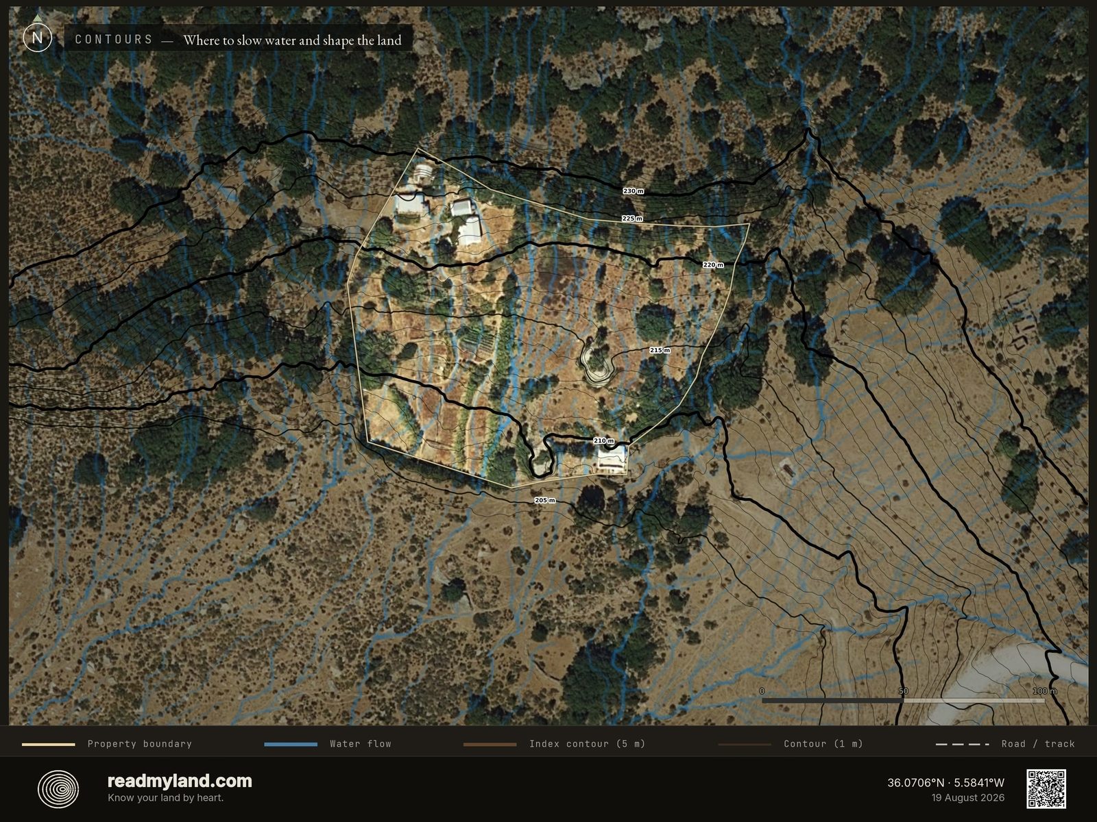 Topographic contours and water-flow streams over the Cádiz homestead
