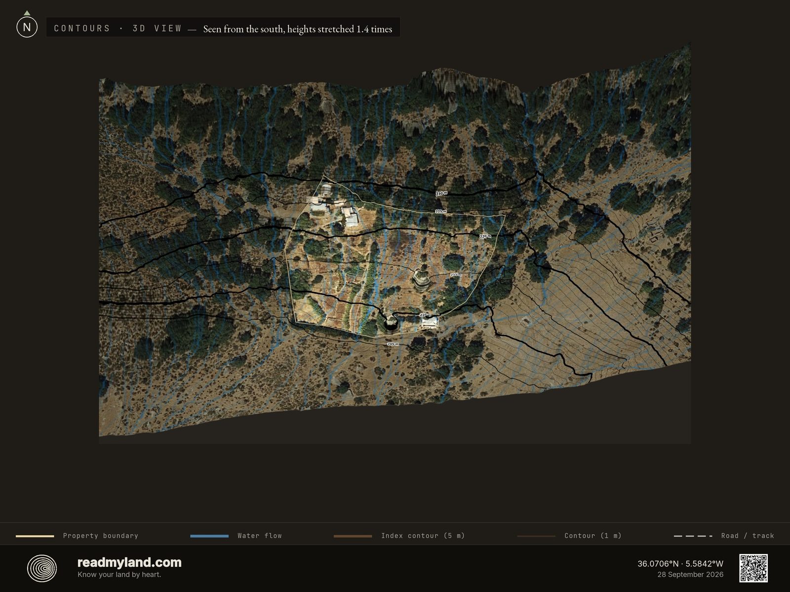 Topographic contours and water-flow streams over the Cádiz homestead in 3D