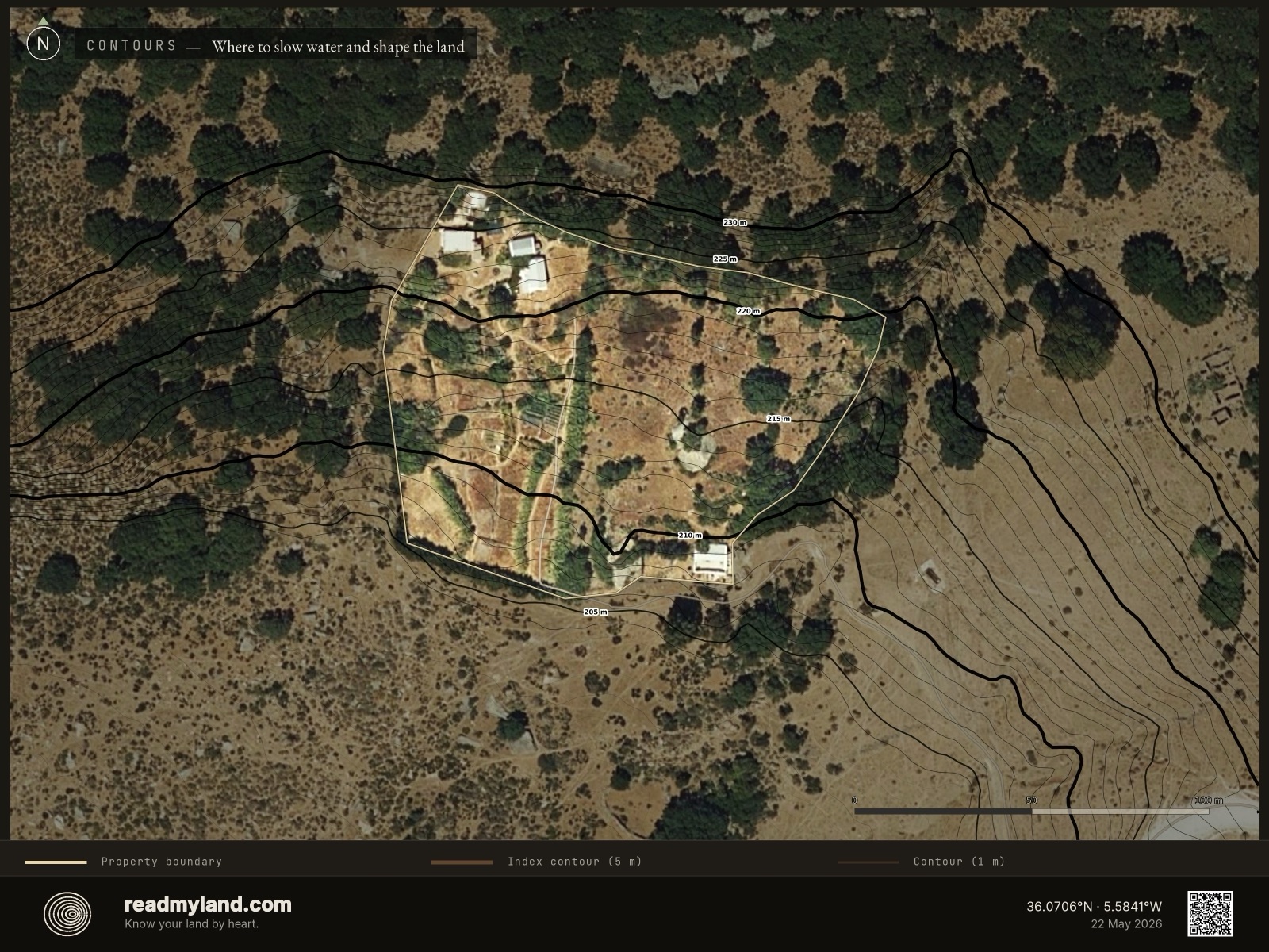 Clean topographic contour map of the Cádiz homestead