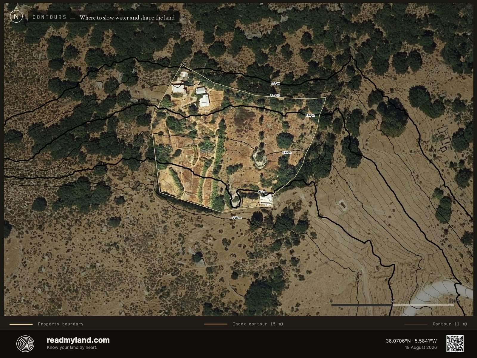 Clean topographic contour map of the Cádiz homestead