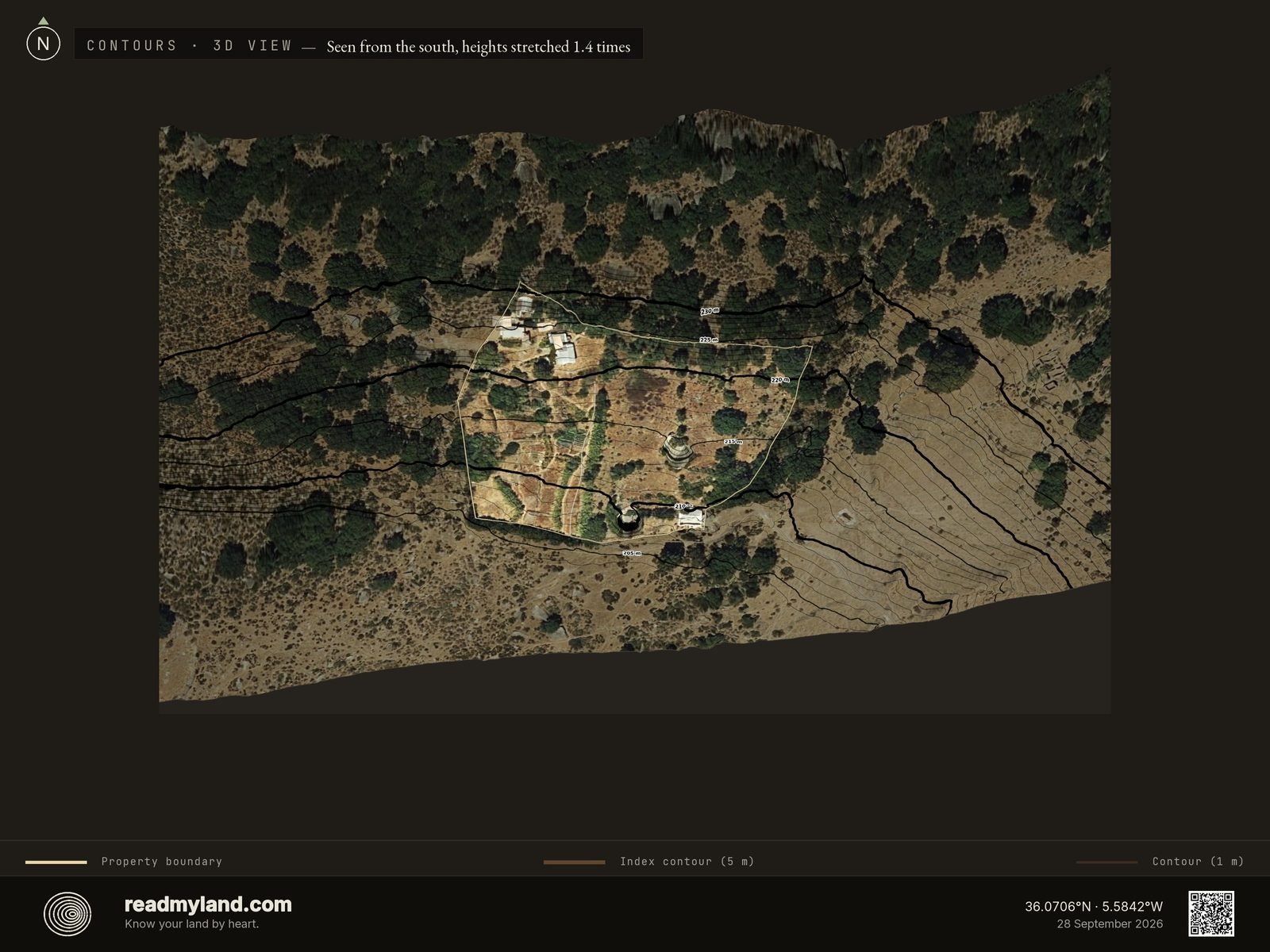 Clean topographic contour map of the Cádiz homestead in 3D
