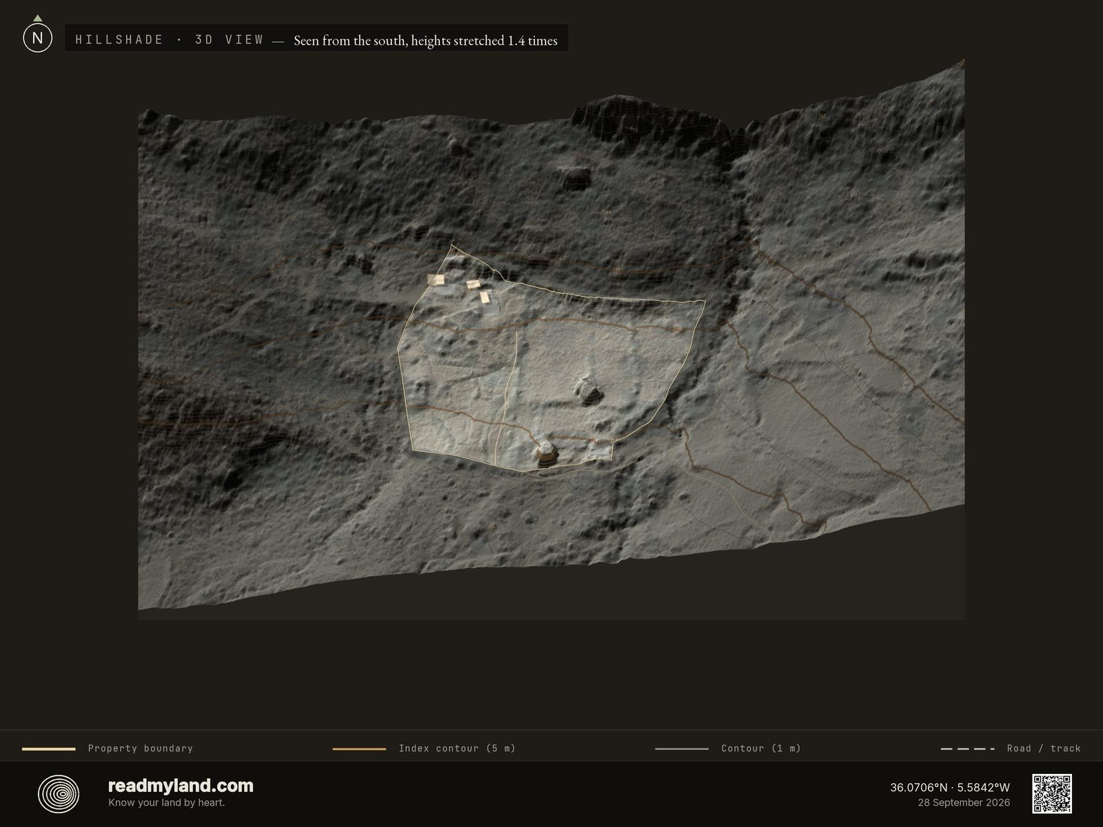 Hillshade relief map of the Cádiz homestead in 3D