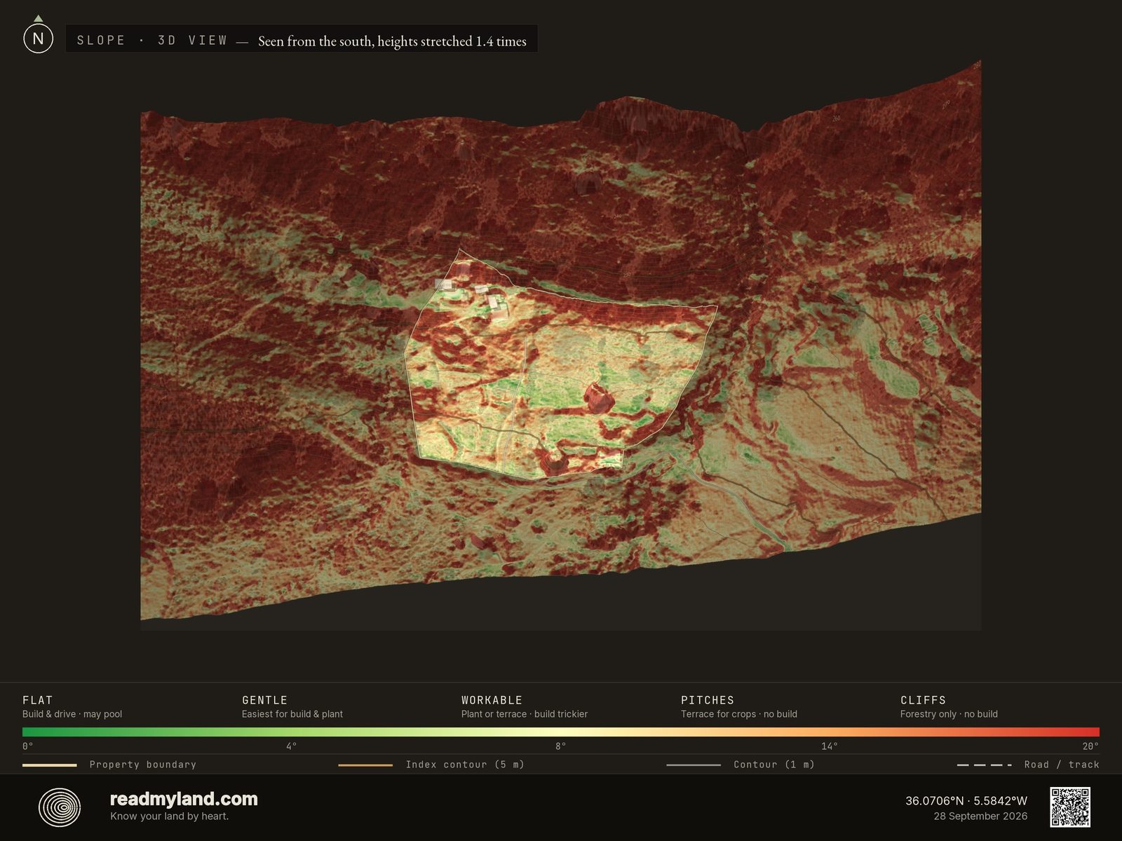 Slope-steepness map of the Cádiz homestead in 3D