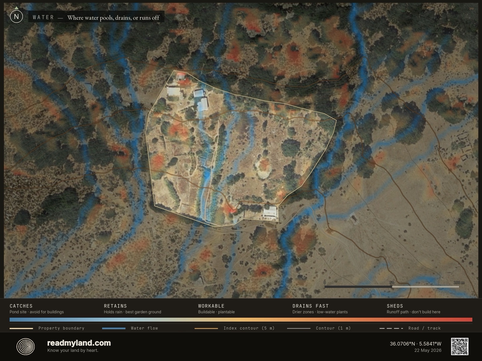 Wetness map showing where water collects on the Cádiz homestead