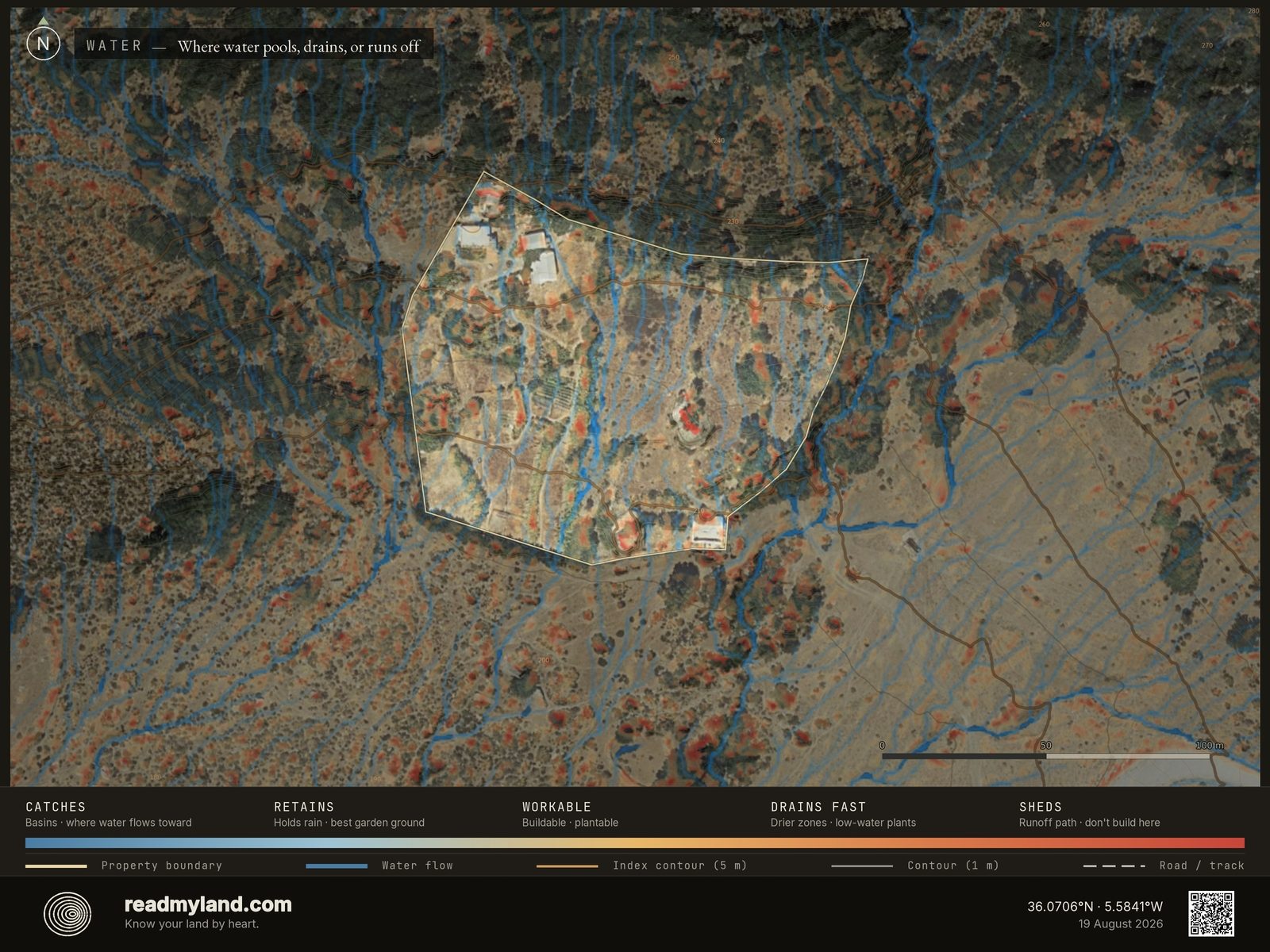 Wetness map showing where water collects on the Cádiz homestead