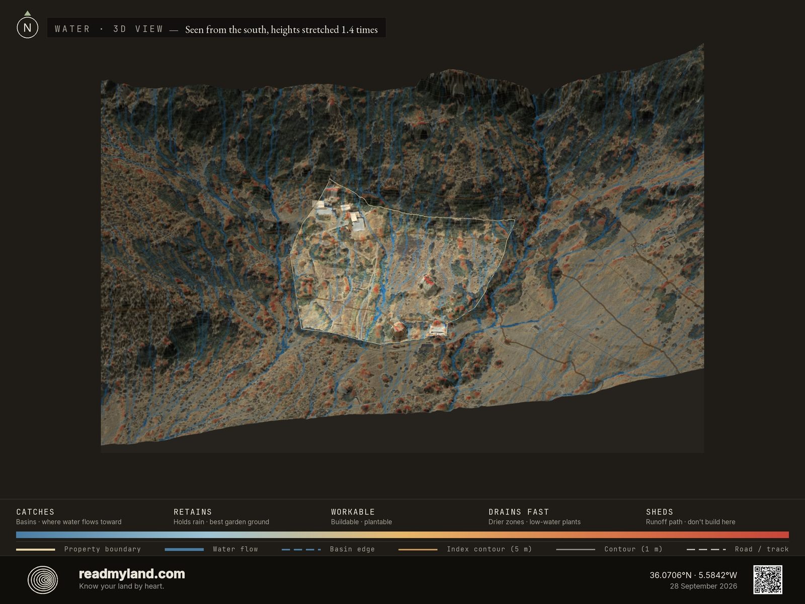 Wetness map showing where water collects on the Cádiz homestead in 3D