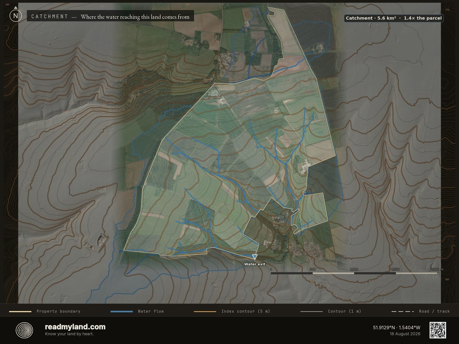 Catchment inset showing stream paths entering Diddly Squat Farm