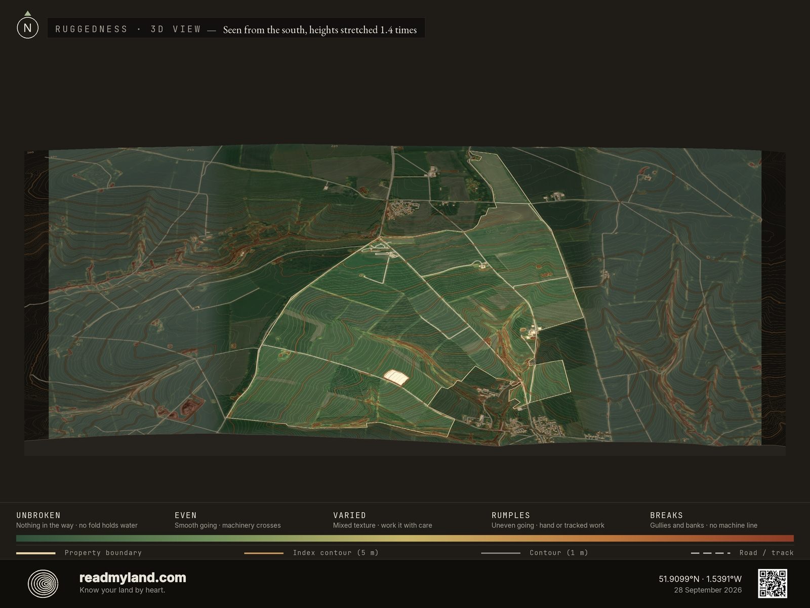 Ruggedness plate: where the ground surface breaks on this parcel in 3D