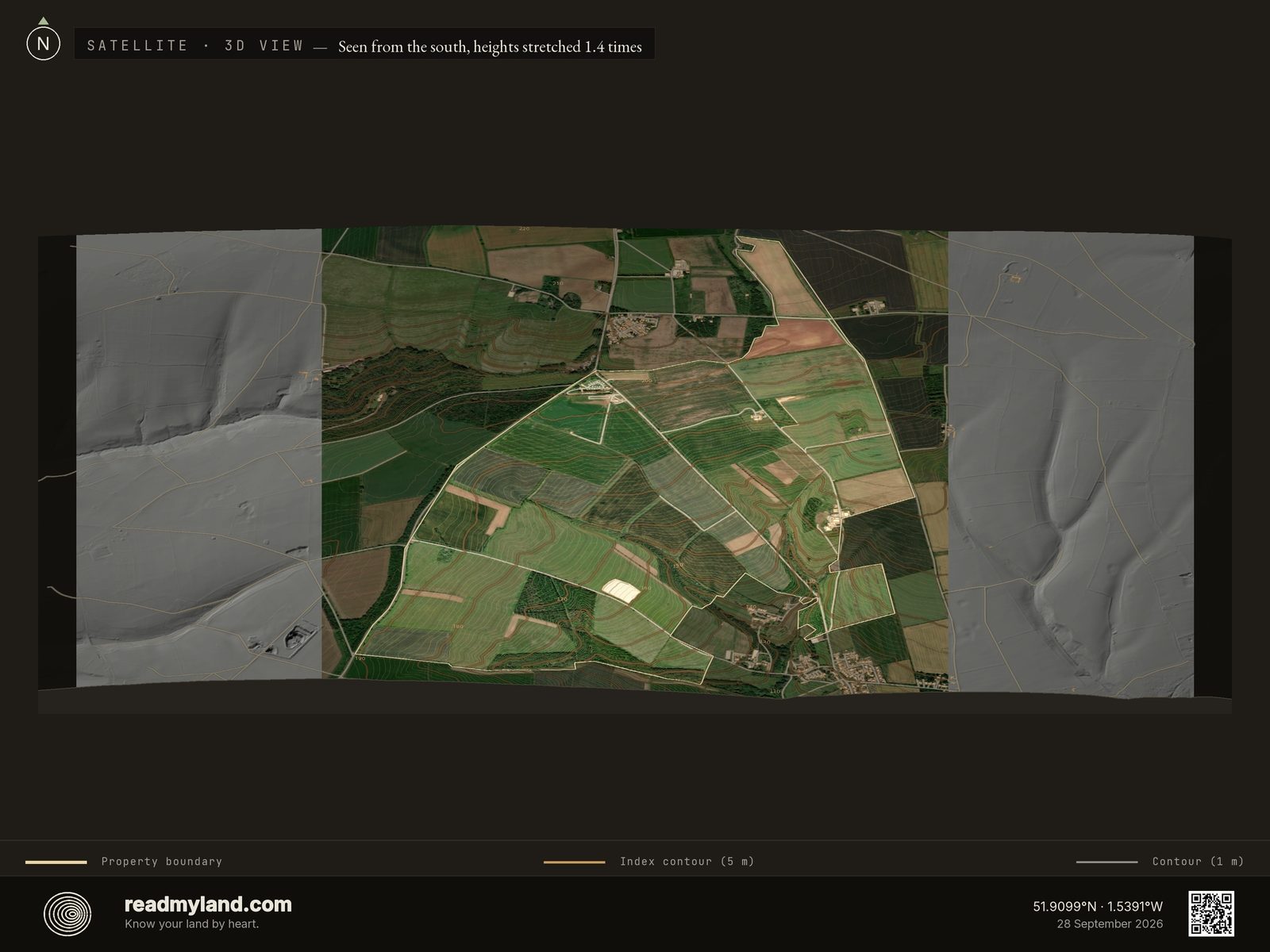 Satellite view of Diddly Squat Farm, Chadlington, Oxfordshire in 3D