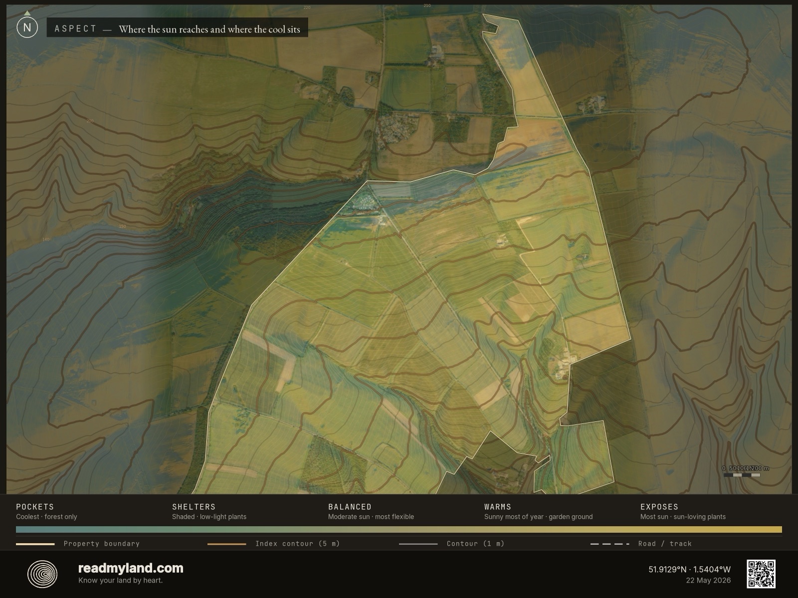 Aspect map showing slope orientation and sun exposure at Diddly Squat Farm