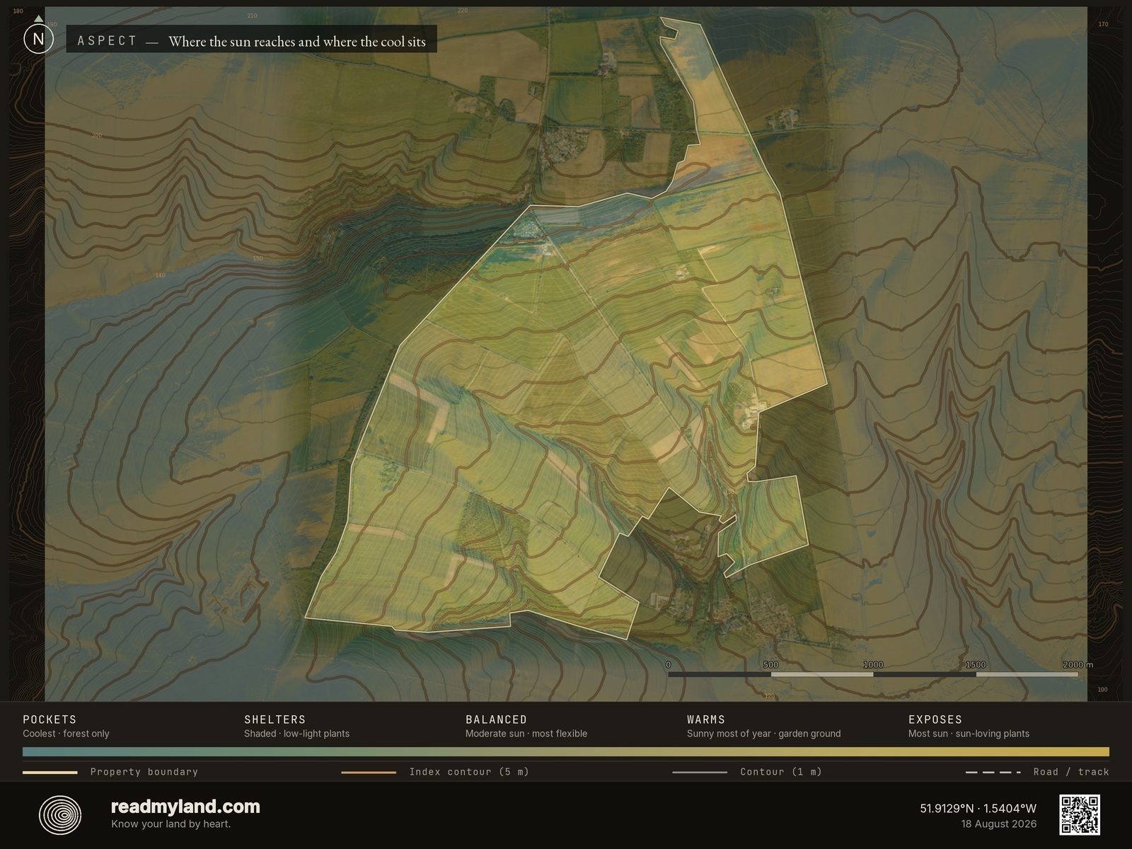 Aspect map showing slope orientation and sun exposure at Diddly Squat Farm