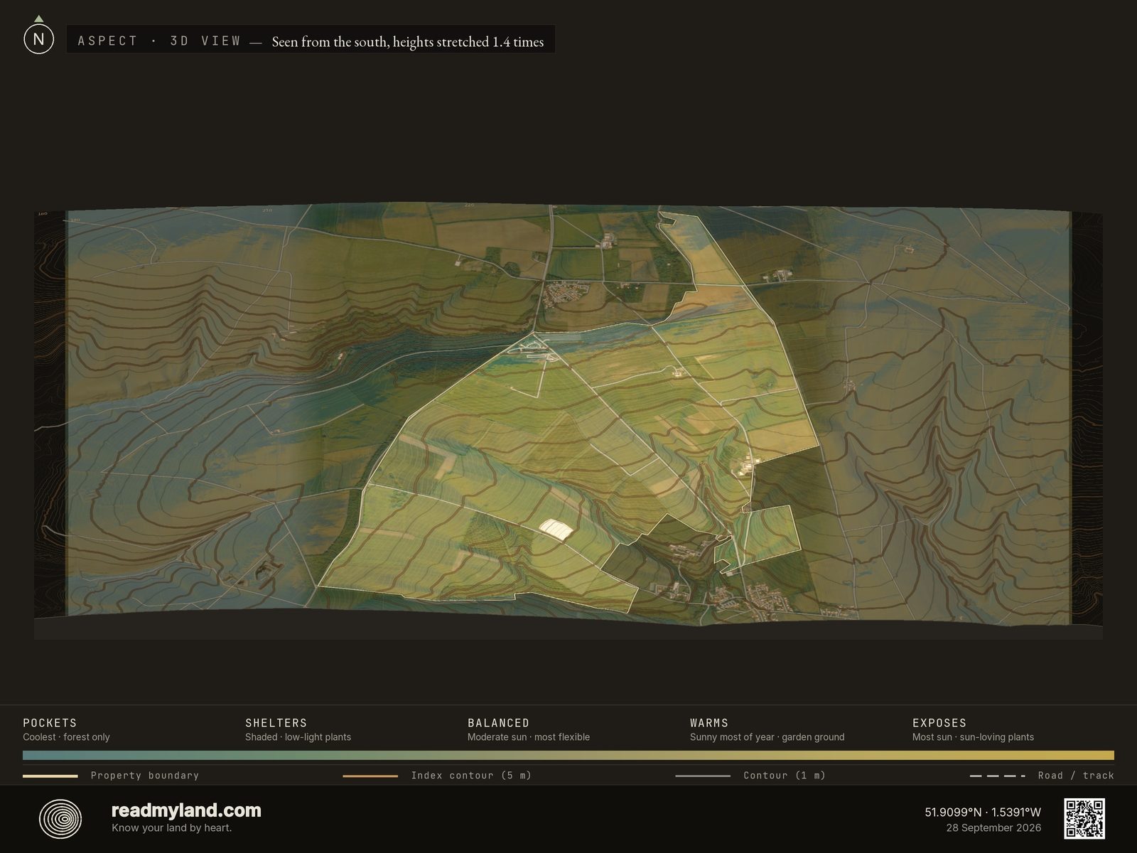 Aspect map showing slope orientation and sun exposure at Diddly Squat Farm in 3D