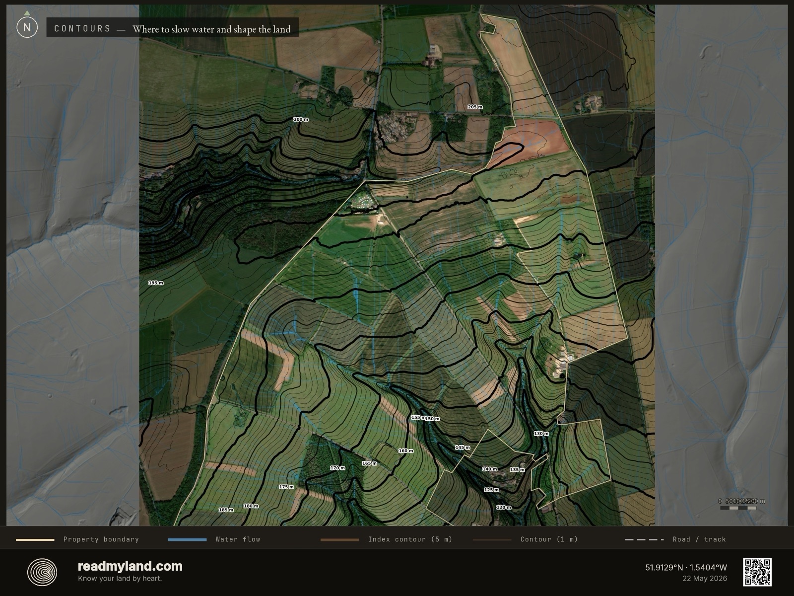 Topographic contours and water-flow streams over Diddly Squat Farm