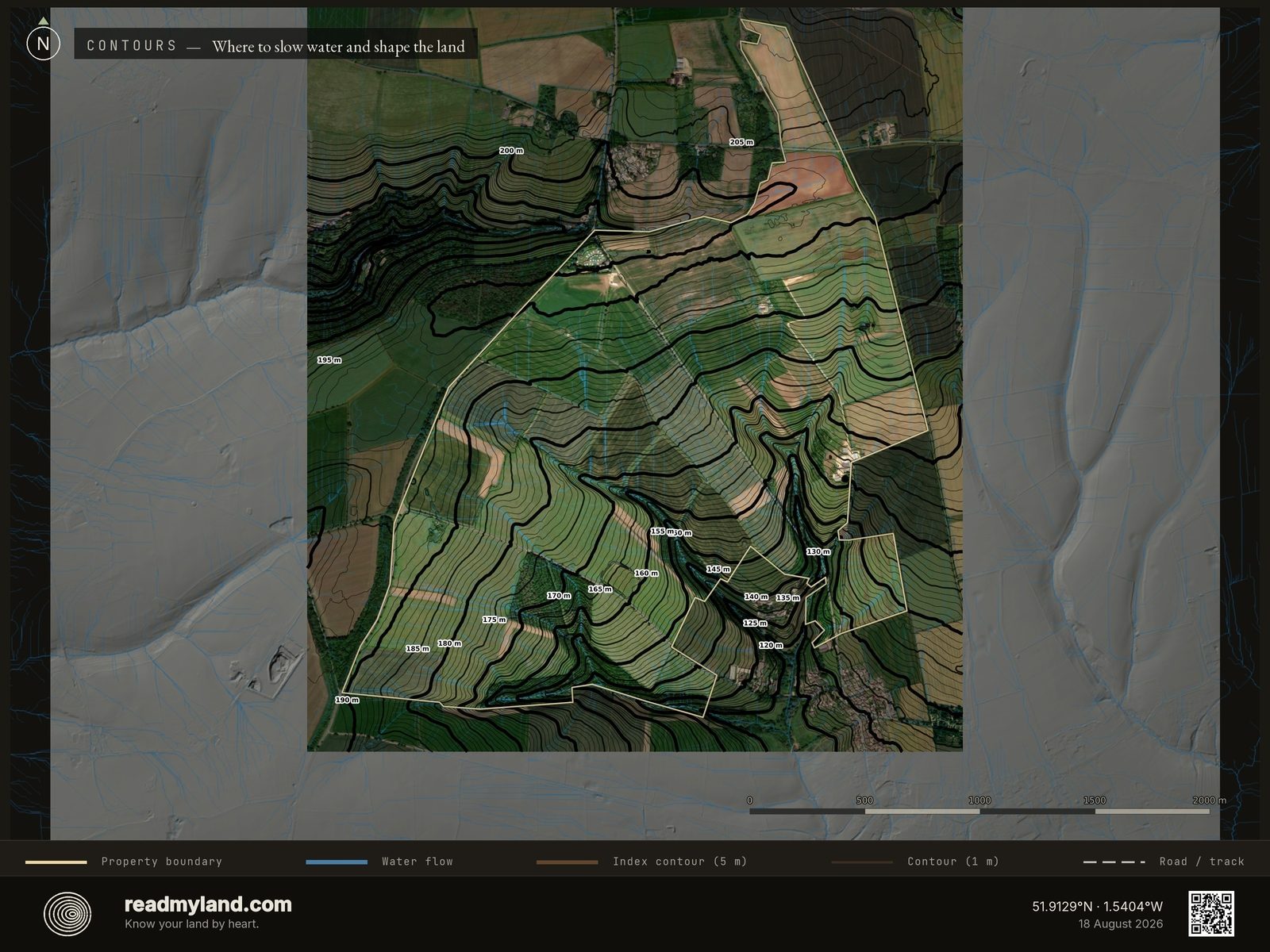 Topographic contours and water-flow streams over Diddly Squat Farm