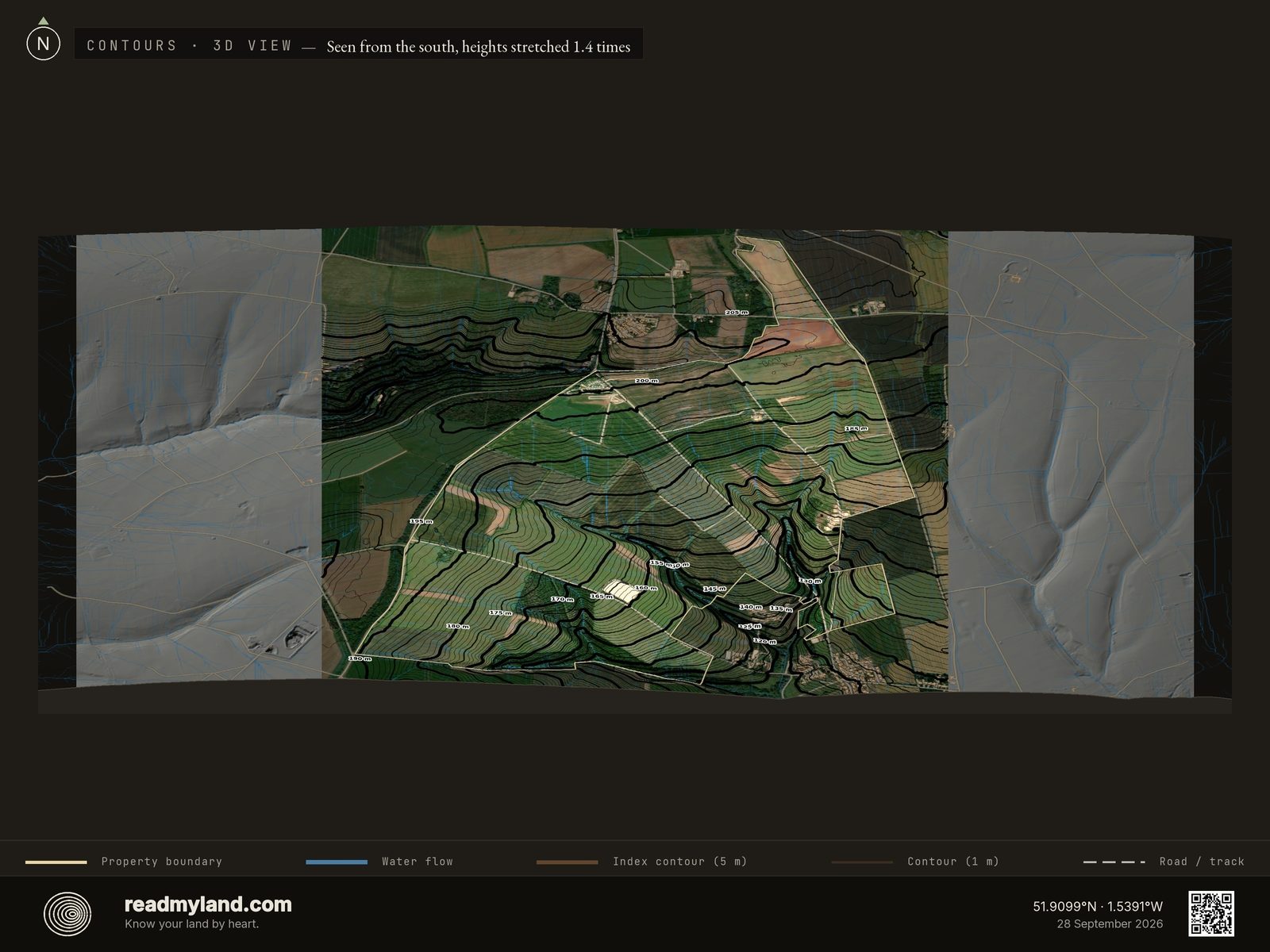 Topographic contours and water-flow streams over Diddly Squat Farm in 3D