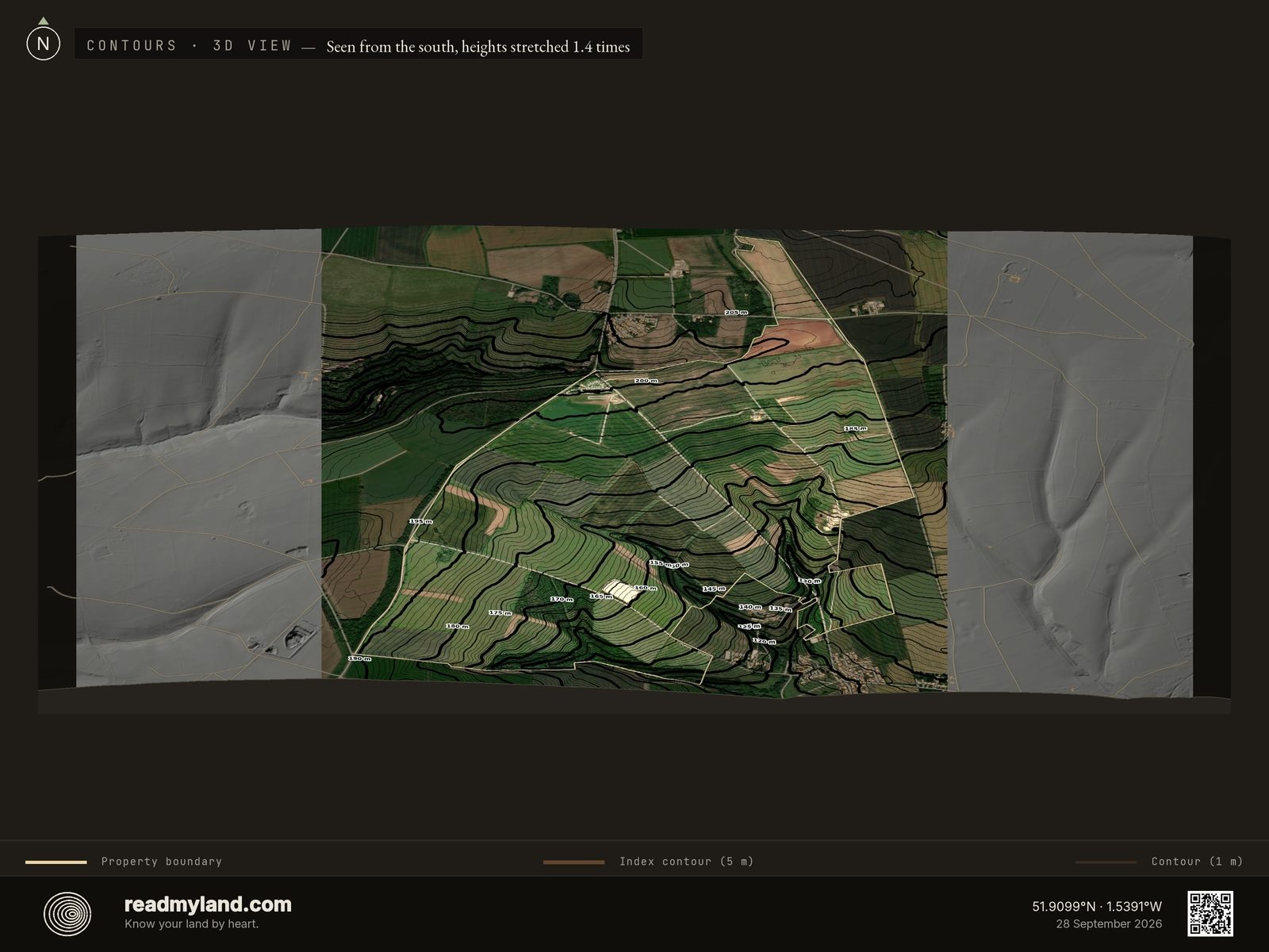 Clean topographic contour map of Diddly Squat Farm in 3D