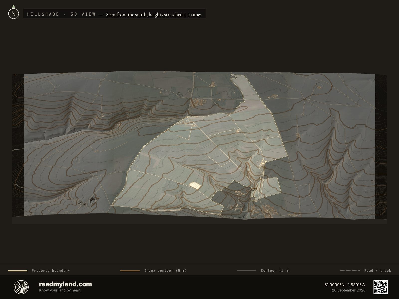 Hillshade relief map of Diddly Squat Farm in 3D