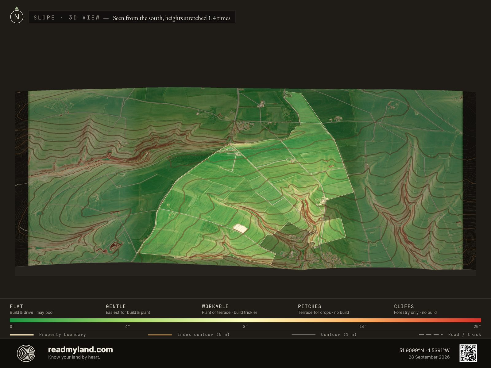 Slope-steepness map of Diddly Squat Farm in 3D