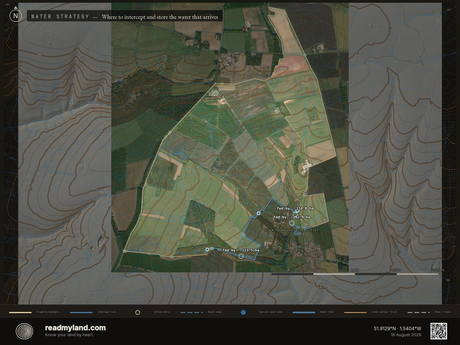 Water Strategy plate for Diddly Squat Farm: boundary intercept line, candidate storage positions at the three largest inflow points, and three natural pond sites marked as blue dots
