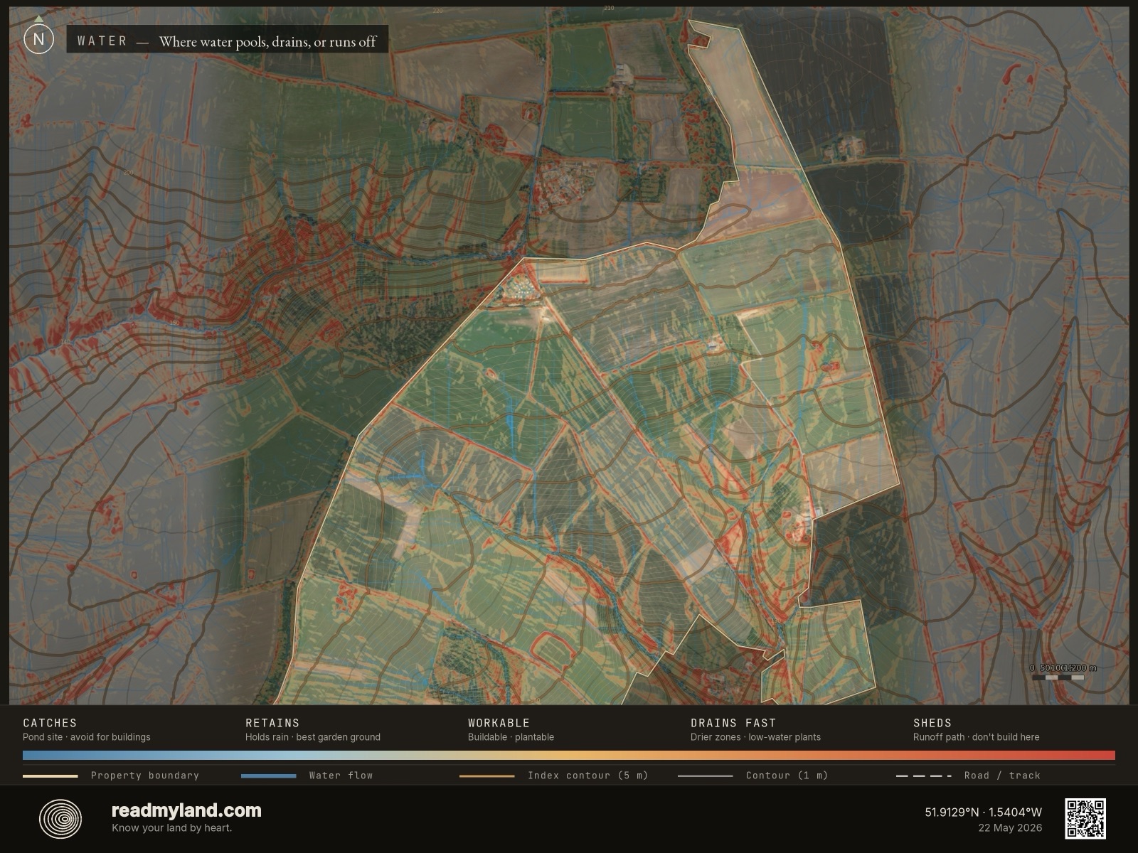 Wetness map showing where water collects at Diddly Squat Farm