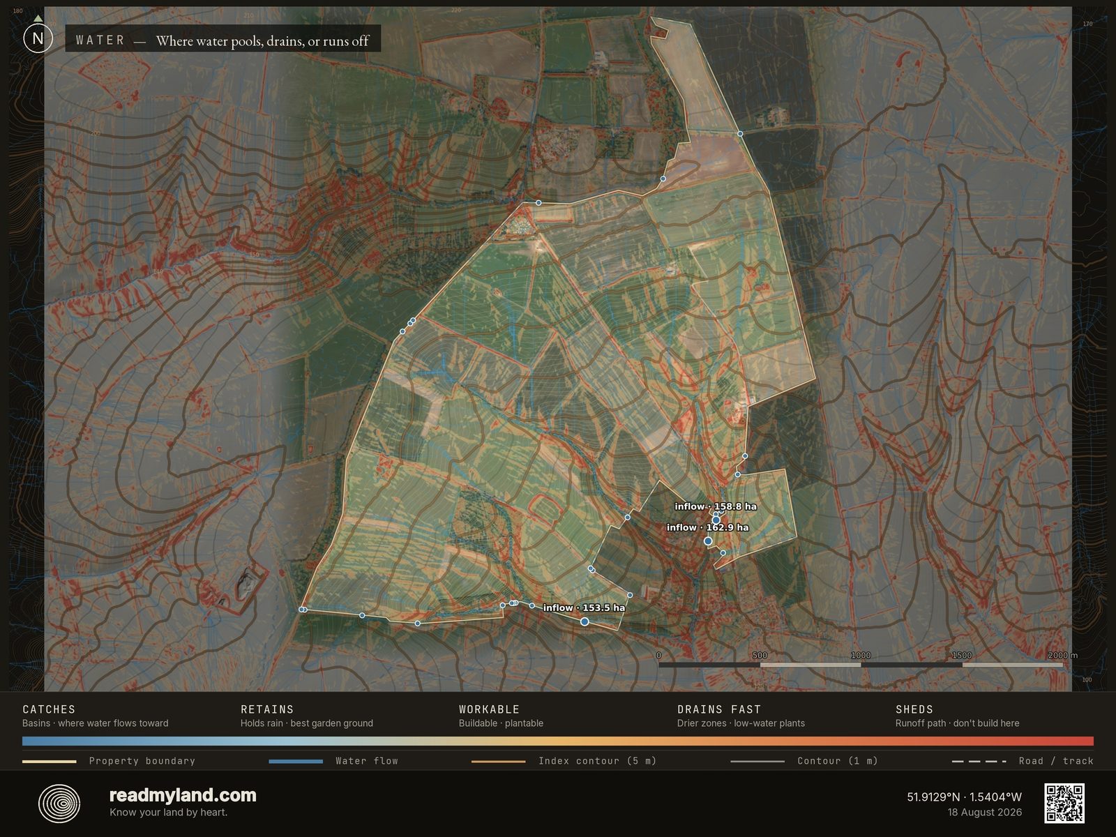 Wetness map showing where water collects at Diddly Squat Farm