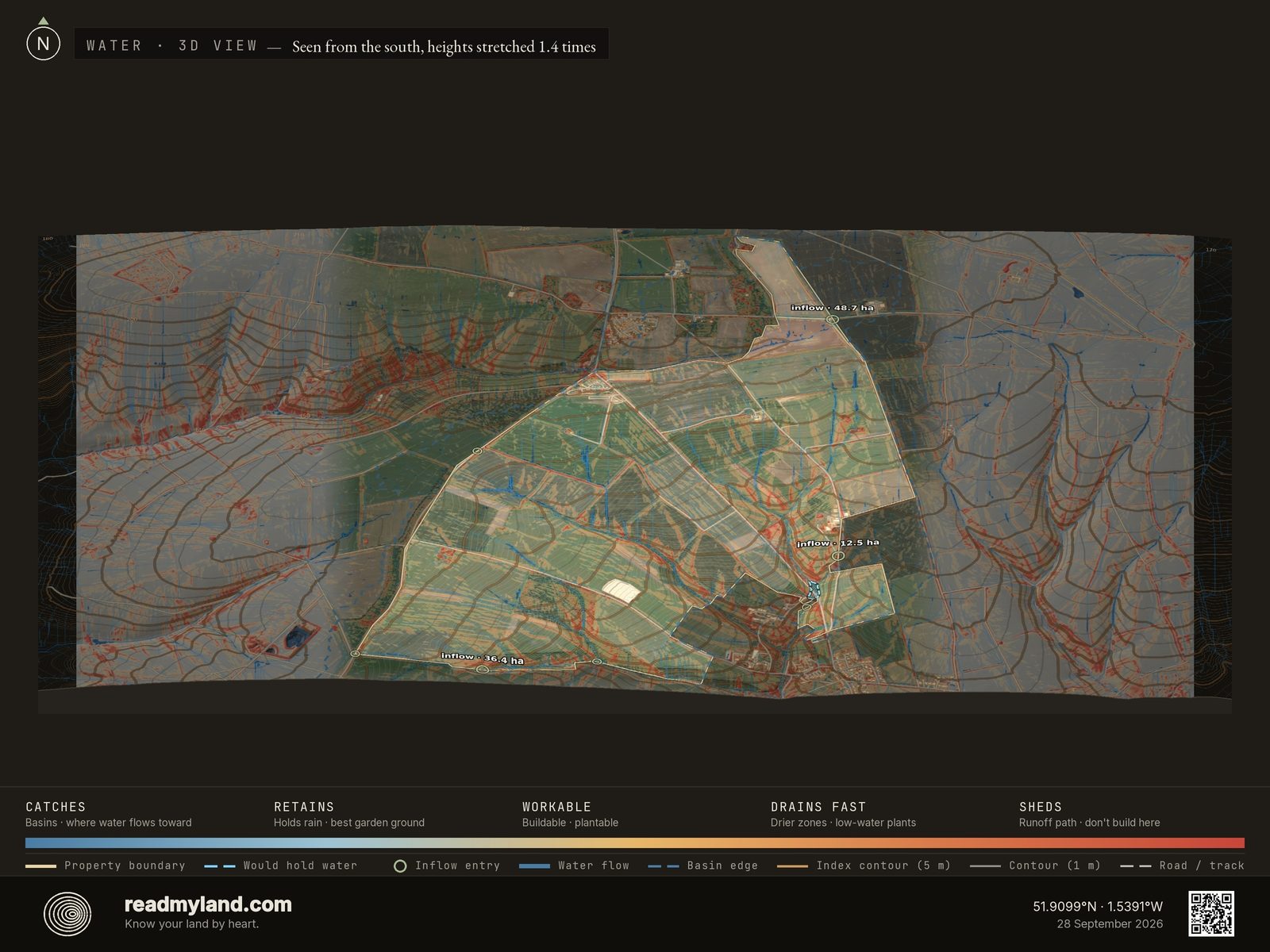 Wetness map showing where water collects at Diddly Squat Farm in 3D