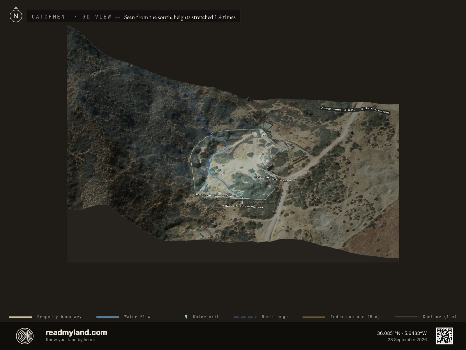 Catchment inset showing stream paths across the Tarifa coast parcel and the pale triangles where its water leaves in 3D