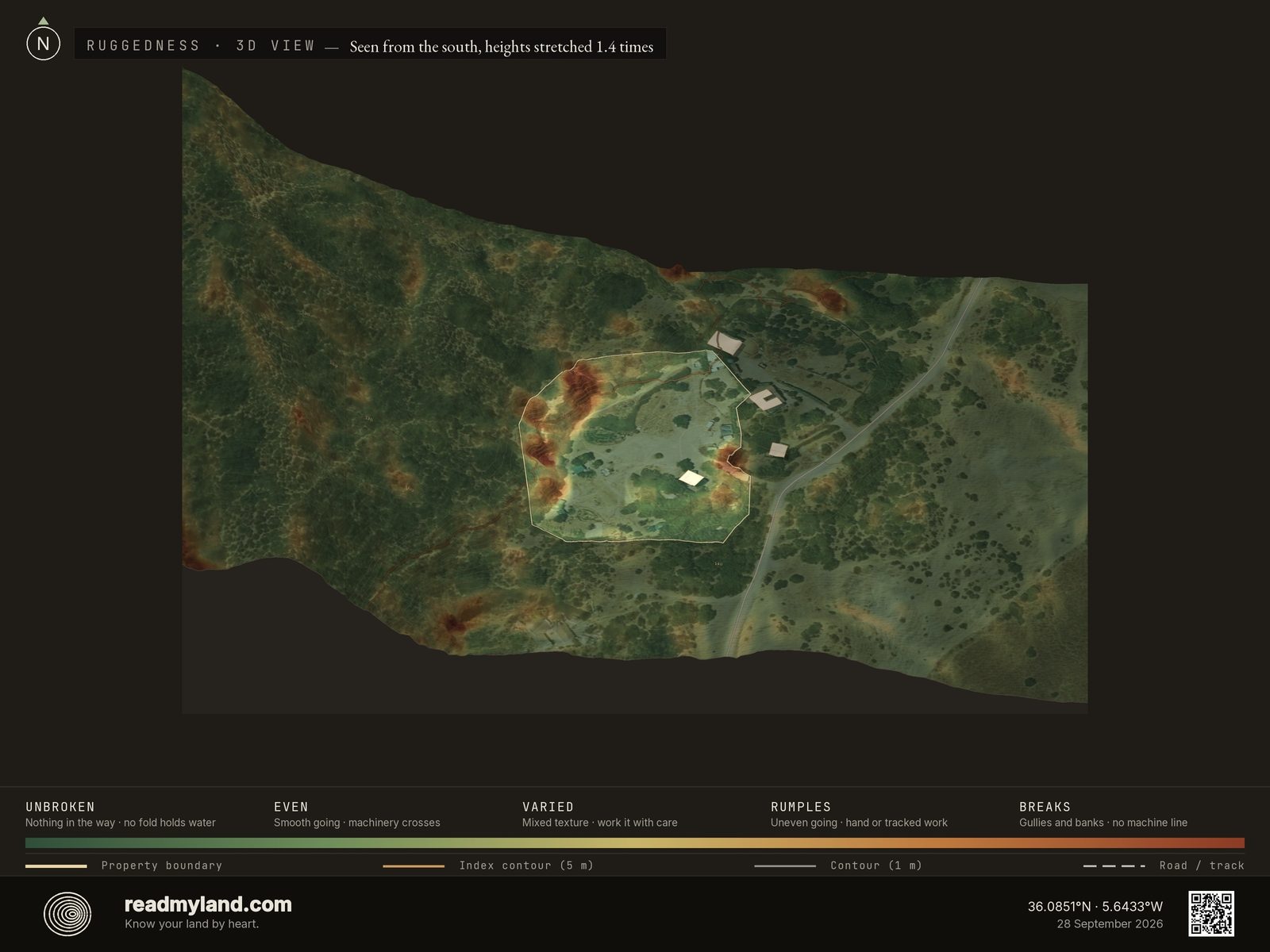 Ruggedness plate: where the ground surface breaks on this parcel in 3D
