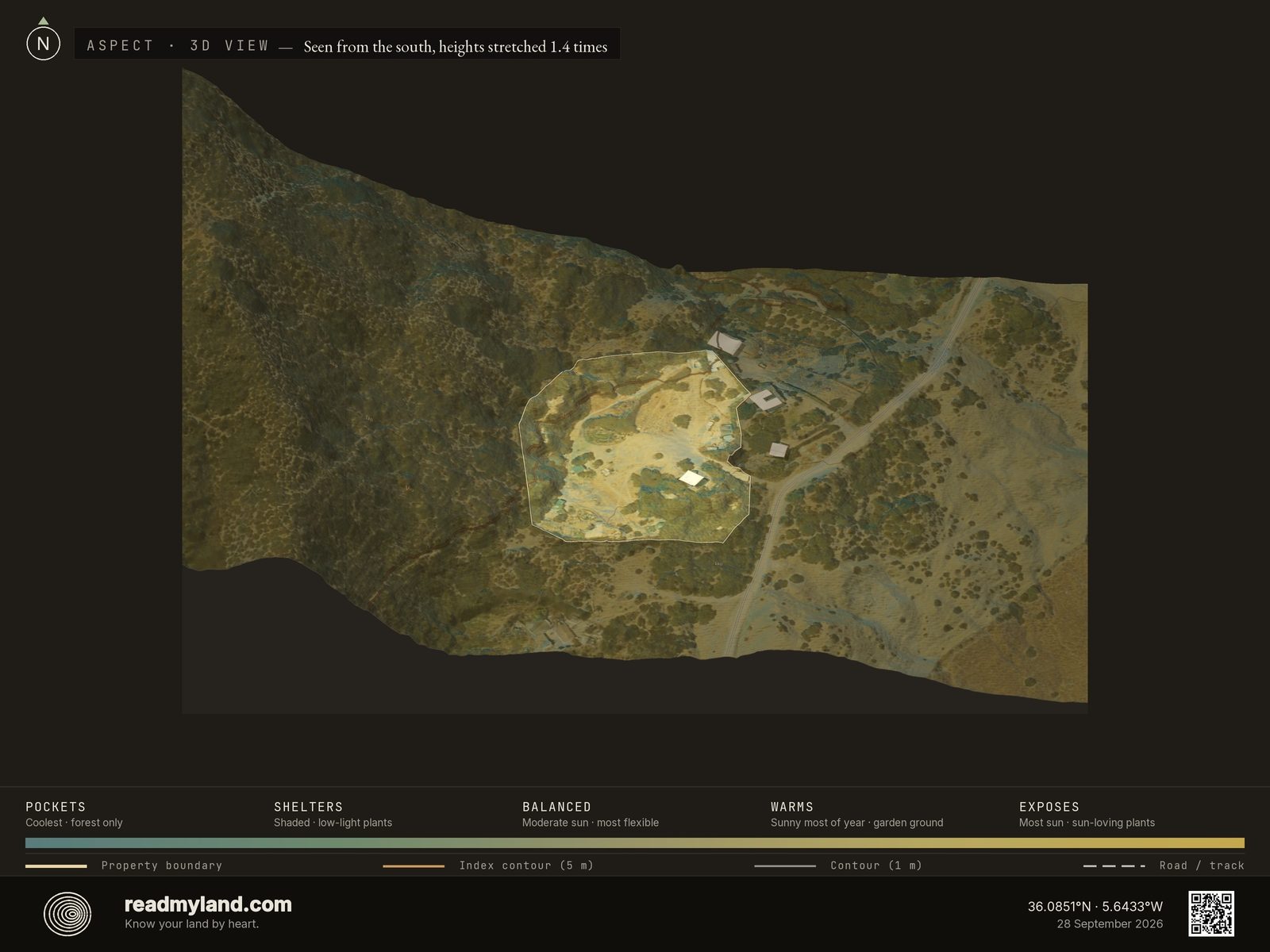 Aspect map showing slope orientation and sun exposure on the Tarifa coast parcel in 3D