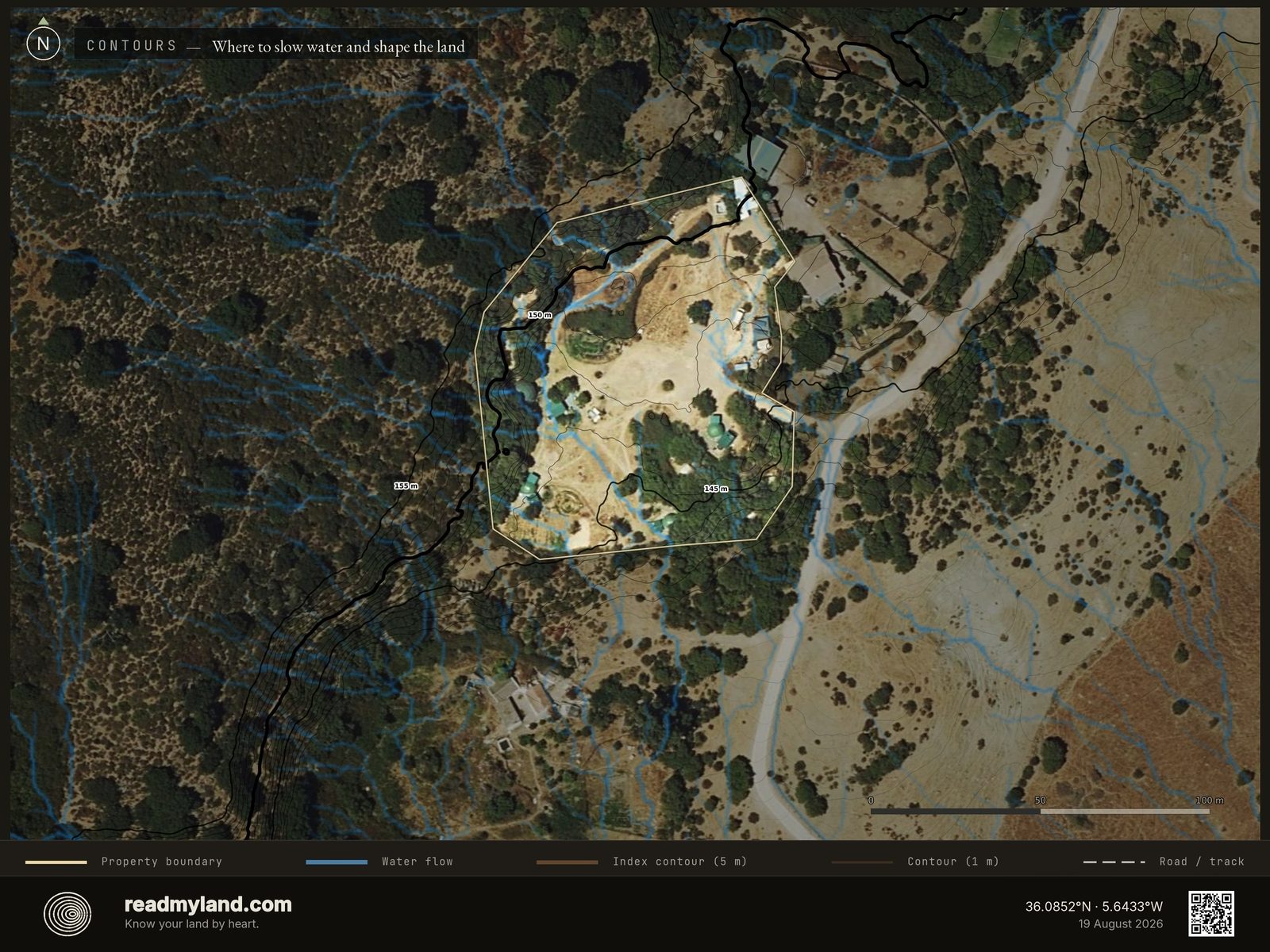 Topographic contours and water-flow streams over the Tarifa coast parcel